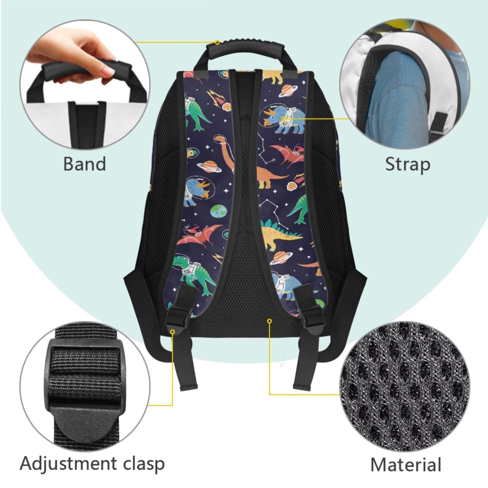 HUGS IDEA Zaino per ragazzi con portapranzo da 43,2 cm, impermeabile, borsa per libri scolastici, astuccio portachiavi 4 in 1, Dinosauro spaziale