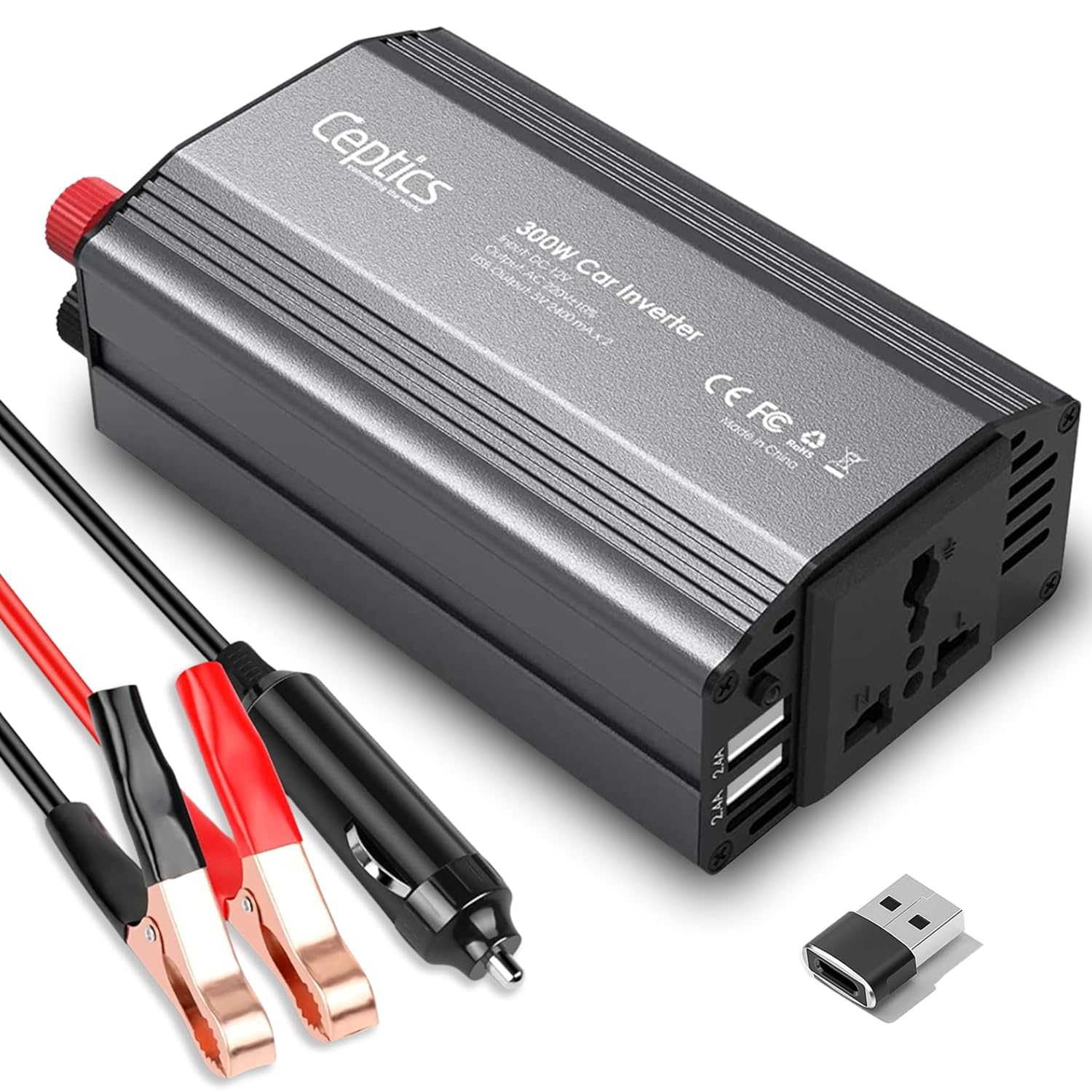 Ceptics 300W Car Charger Power Inverter with SmartVoltage? Technology - 12V DC to 220V AC, Dual USB with 2.4A - 1 Universal AC Outlet for All Portable Devices - Grey Color