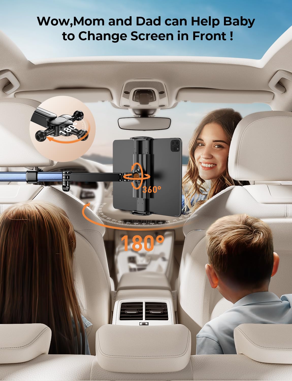 TRYONE Support Tablette Voiture appuie-tête – Bras Long 46 cm, 3-en-1 pour iPad, Switch, Smartphones 4,7–16,1", idéal Enfant & Voyage | Bras ultra-long 46 cm à triple axe pour placer la tablette au centre du siège arrière.