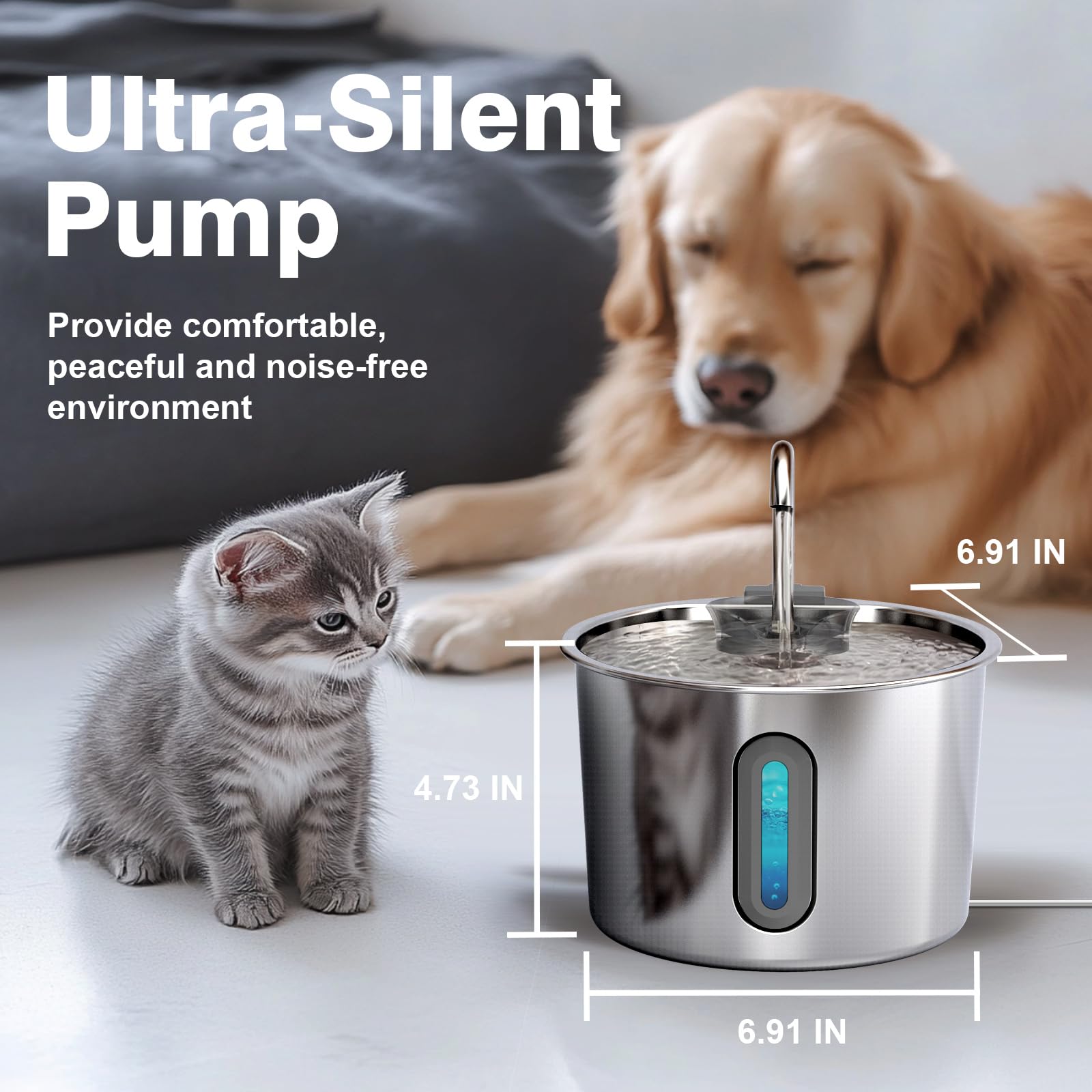 Fuente de agua para gatos, fuente de agua para gatos de 74 onzas/2.2 L para beber – Fuente de agua para mascotas de acero inoxidable para gatos en el interior – Dispensador silencioso de cuenco