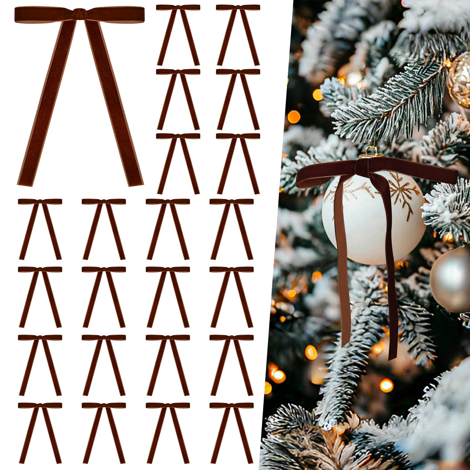 Miaikoe 24 Pcs Velvet Bows for Christmas Tree Rustic Velvet Christmas Ornaments Rustic Bows for Door Garland Wreath Gift Party Decoration (Width of 1cm,Brown)