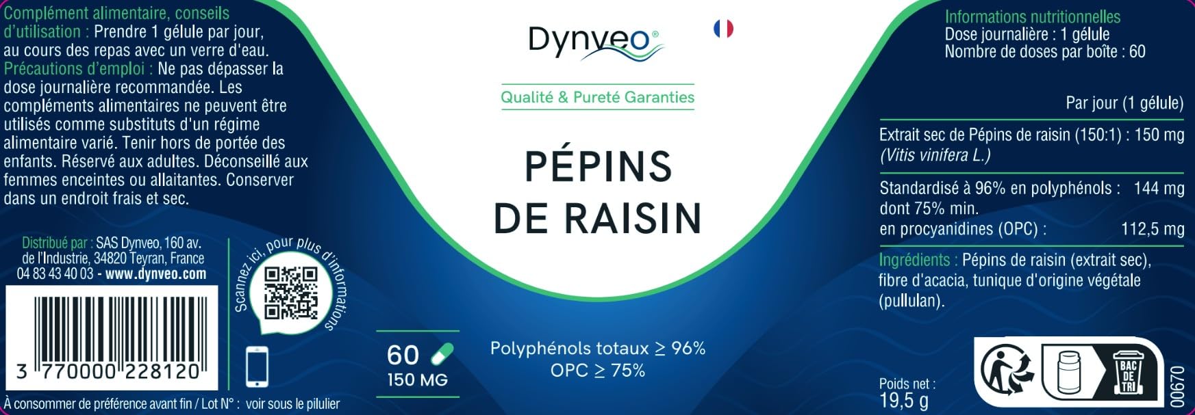 Extrait Pépins de Raisin OPC - Antioxydant, Circulation & Peau - 96% Polyphénols, 75% min. OPC - Ultraconcentré Ratio 150:1-150 mg - 60 Gélules (1 Gélule/Jour = 2 Mois) - Origine France - Dynveo