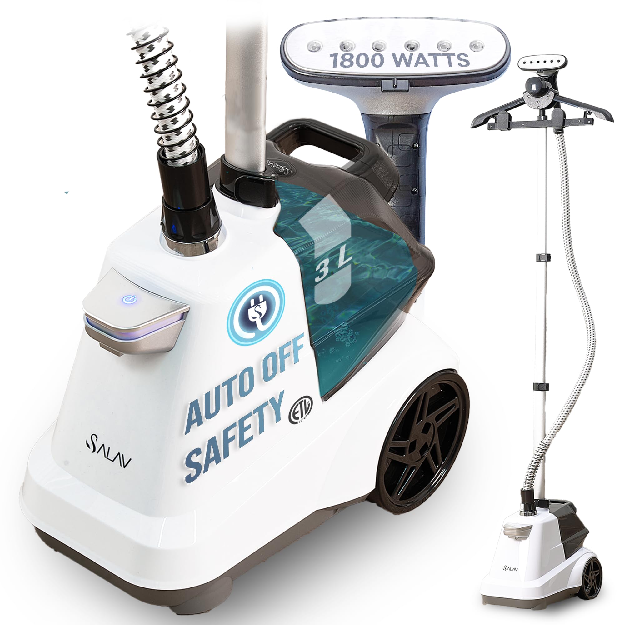 SALAV® Heavy Duty Smart Auto Shut-off Commercial Full-Size Garment Steamer, Beeping Alert when Water Runs out, Foot Pedal Control, XL 3L (101.5 oz) Tank, 1800 watts, 90+min of Continuous Steam, White