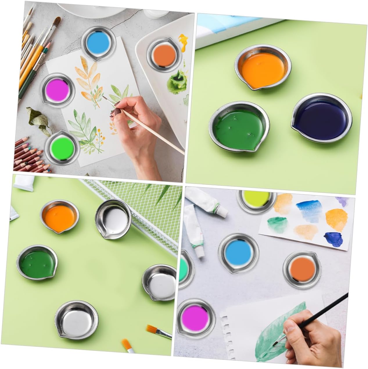 HOMSFOU 6pcs Stainless Steel Paint Palette Round Mixing Tray with Spout for Easy Pouring for Watercolor Makeup DIY Projects and Airbrush Mixing Durable and Mess Design