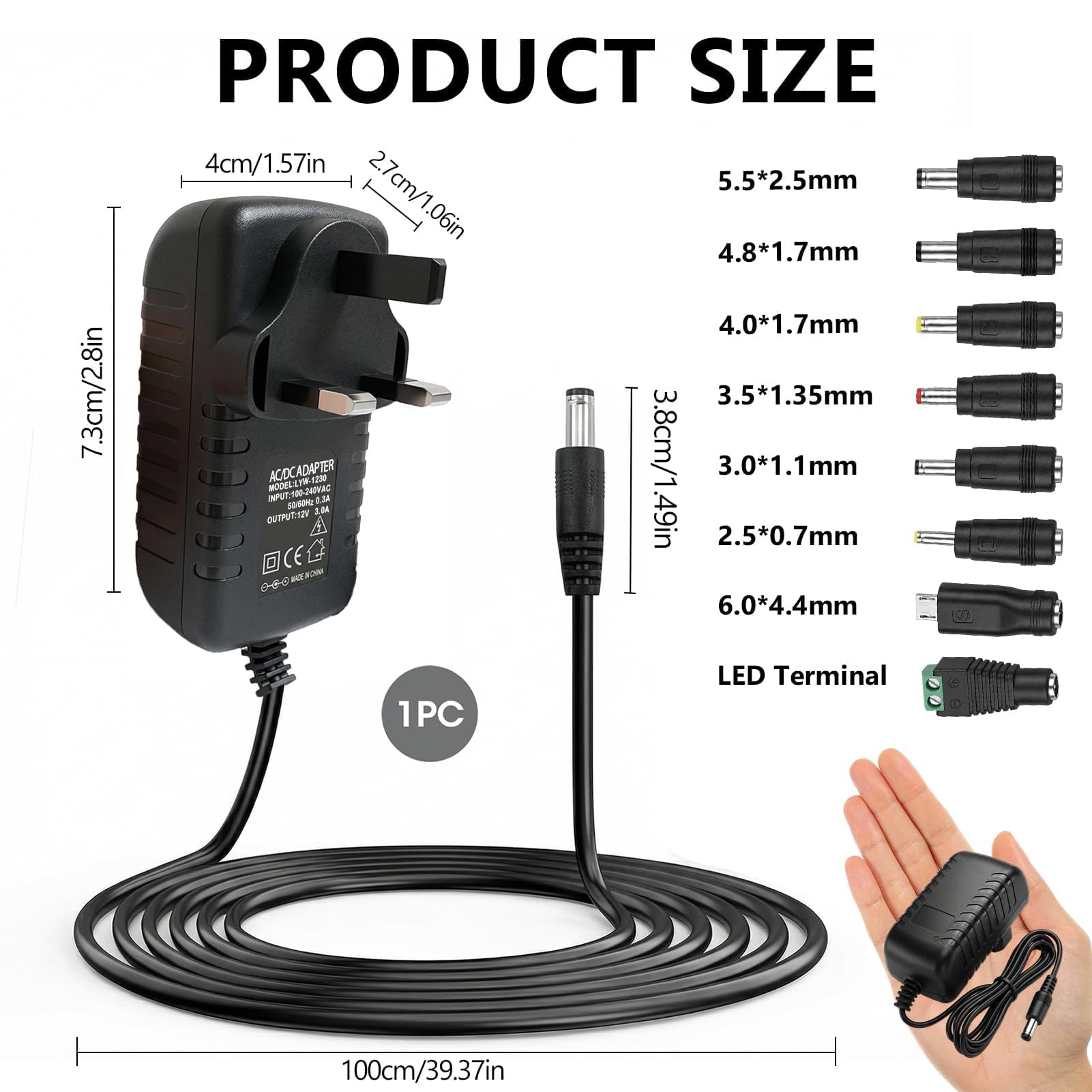 Universal 12V3A Power Supply UK Plug, 36W ACDC Adapter 8 Multi Plug Tips,100–240V 50/60Hz DC Charger Cable for LED Strips, Router, CCTVCamera, Laptop, Baby Monitor,MP3/MP4 and Home Electronics — view 2