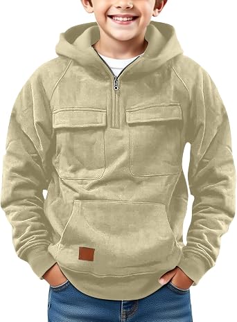Cargo Hoodies For Boys Casual Quarter Zip Pullover Tractical Long Sleeve Outdoor Youth Sweathshirt Sports Hoodie