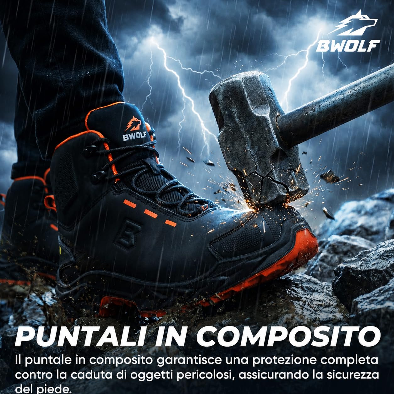 BWOLF FALCON HI S3S Scarpe da lavoro da uomo – Pelle liscia nera, cappuccio in alluminio, intersuola in kevlar, protezione ESD