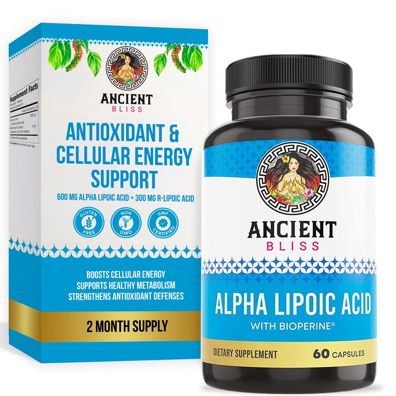 Ancient Bliss Alpha Lipoic Acid Supplement, Antioxidant and Energy Support, ALA Supplement with Bioperine, No Gluten and Soy, 600mg per Serving, 60 Vegan Capsules