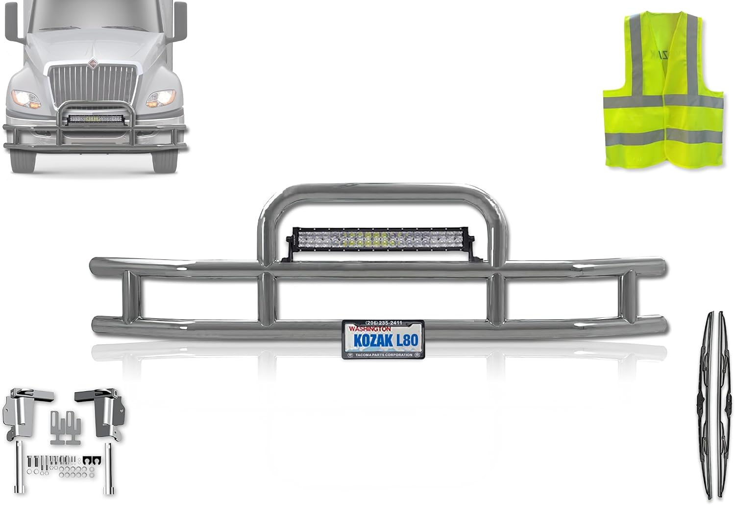 KOZAK Front Grille Deer Moose Brush Guard with 22" LED Light bar with Mounting Brackets Compatible with International LT625 PLUS Logo, License Plate Holder and Frame, 2x Wipers and Vest