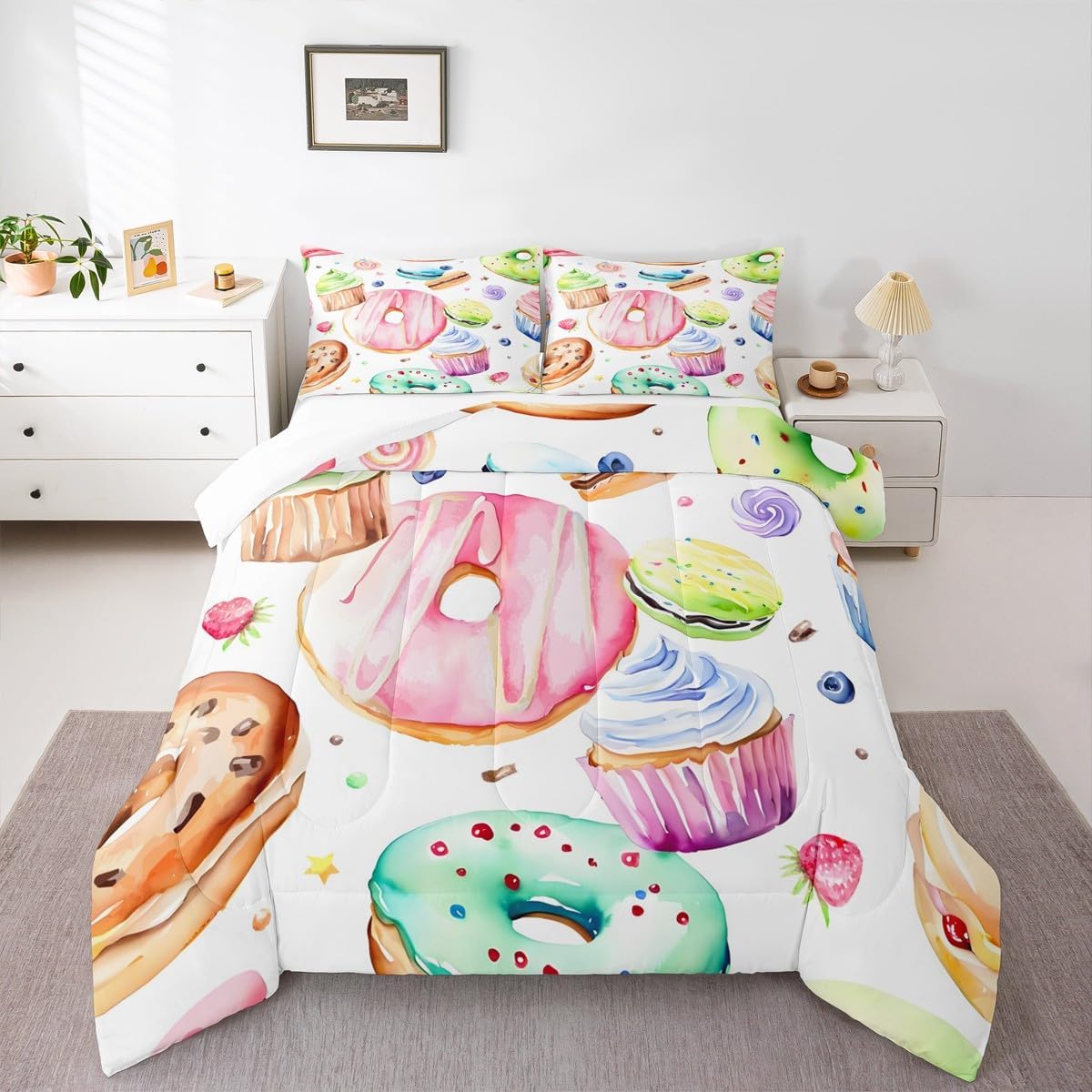 Homewish Food Comforter Set Full Size,Donut Ice Cream Candy Bedding Set 3pcs for Kids Teens Boys Girls Room Decor, Dessert Theme Quilt Set Watercolor Duvet Insert with 2 Pillowcases