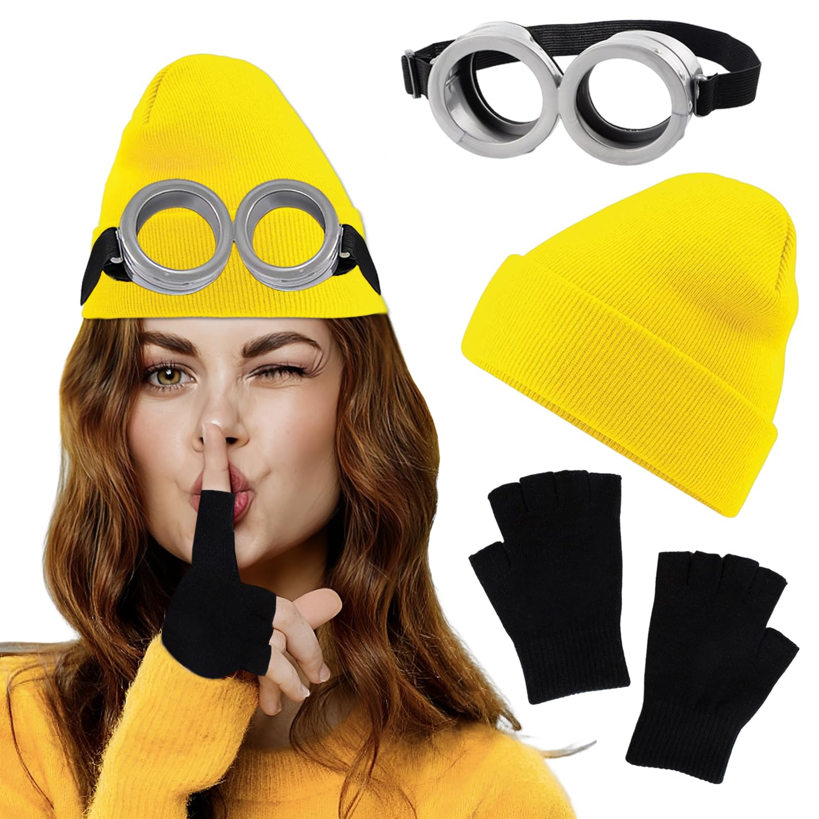 Byhsoep Pack of 4 Goggles Costume, Personalised Despicable Me Glasses Goggles Yellow Knitted Hat with 2 Black Gloves