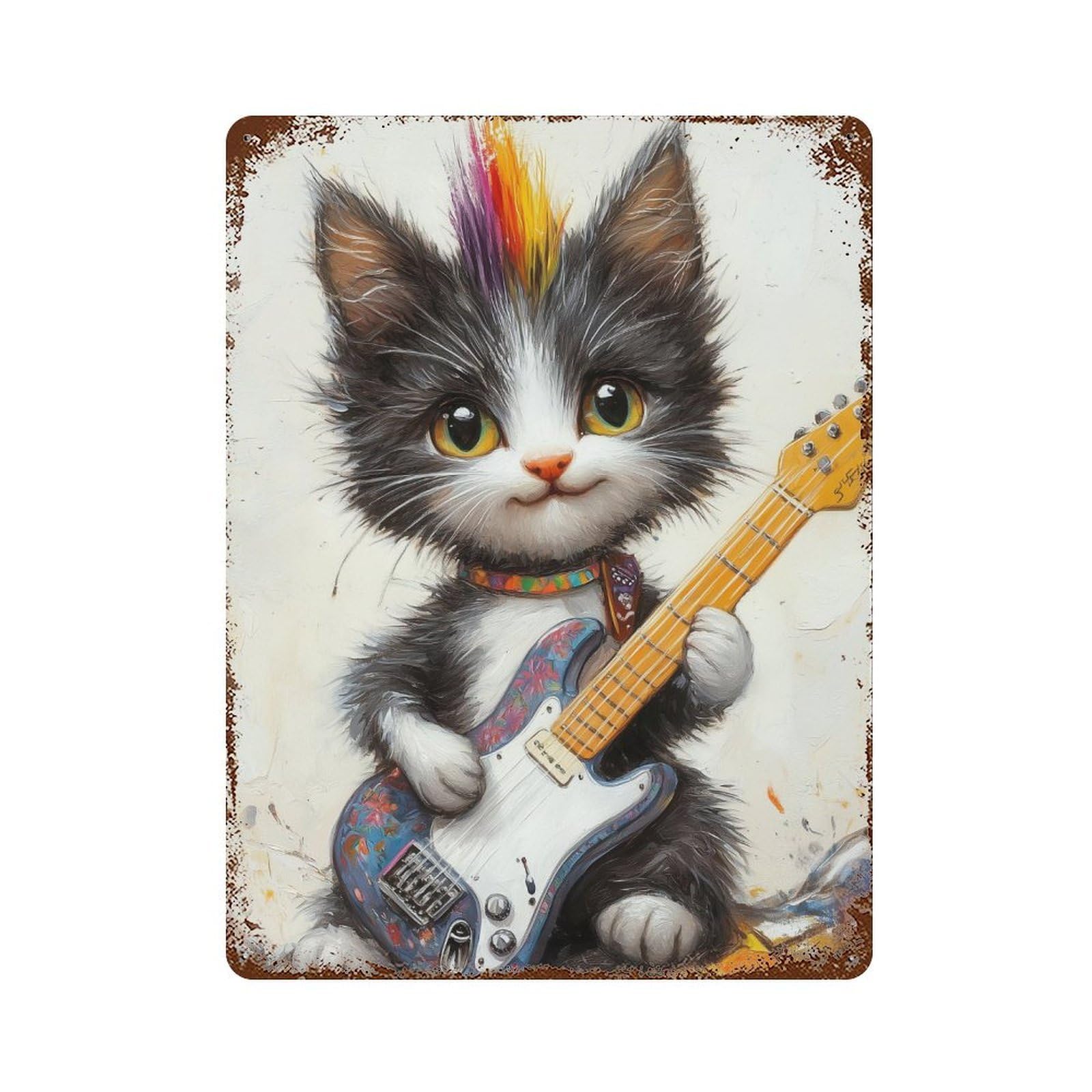 Rusty Metal Tin Sign Kitten Playing Guitar Art Print -1 15.7"x11.8", Rustic Home Decor for Shed, Workshop And Garage Wall Decor