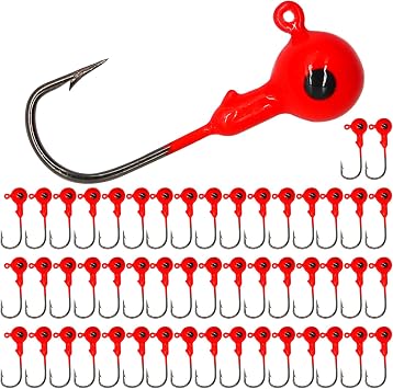50pcs Fishing Jig Heads Set, Red Round Ball Fishing Hooks for Saltwater Freshwater Swimbait Bass, 1/8oz 1/6oz 1/4oz 1/19oz