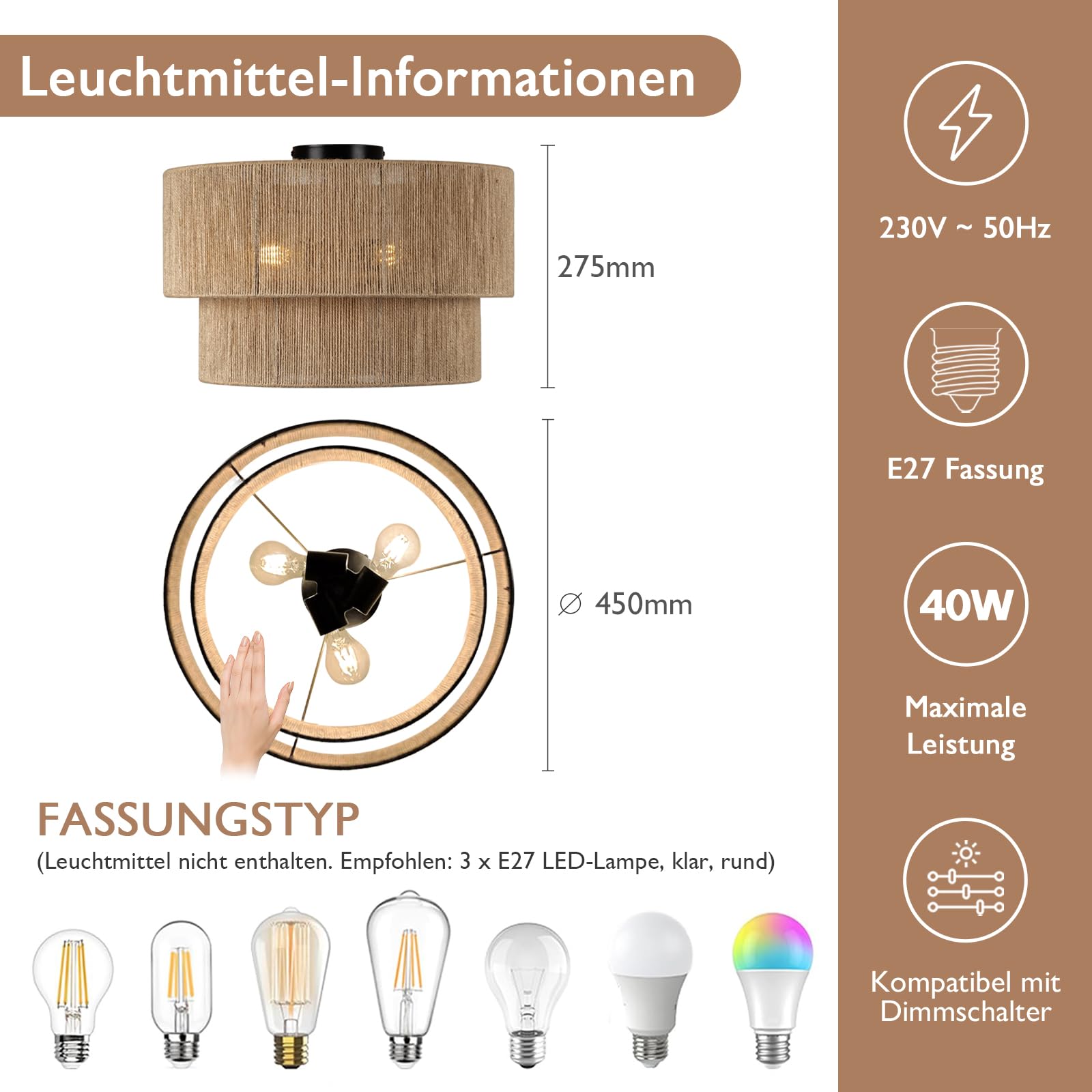 CALOKES Boho Deckenleuchte aus Juteseil Ø45cm – 3-flammige Rattan Deckenlampe mit Korb-Look für Wohnzimmer Schlafzimmer Esszimmer Flur – Deckenlampe E27 (ohne Leuchtmittel)