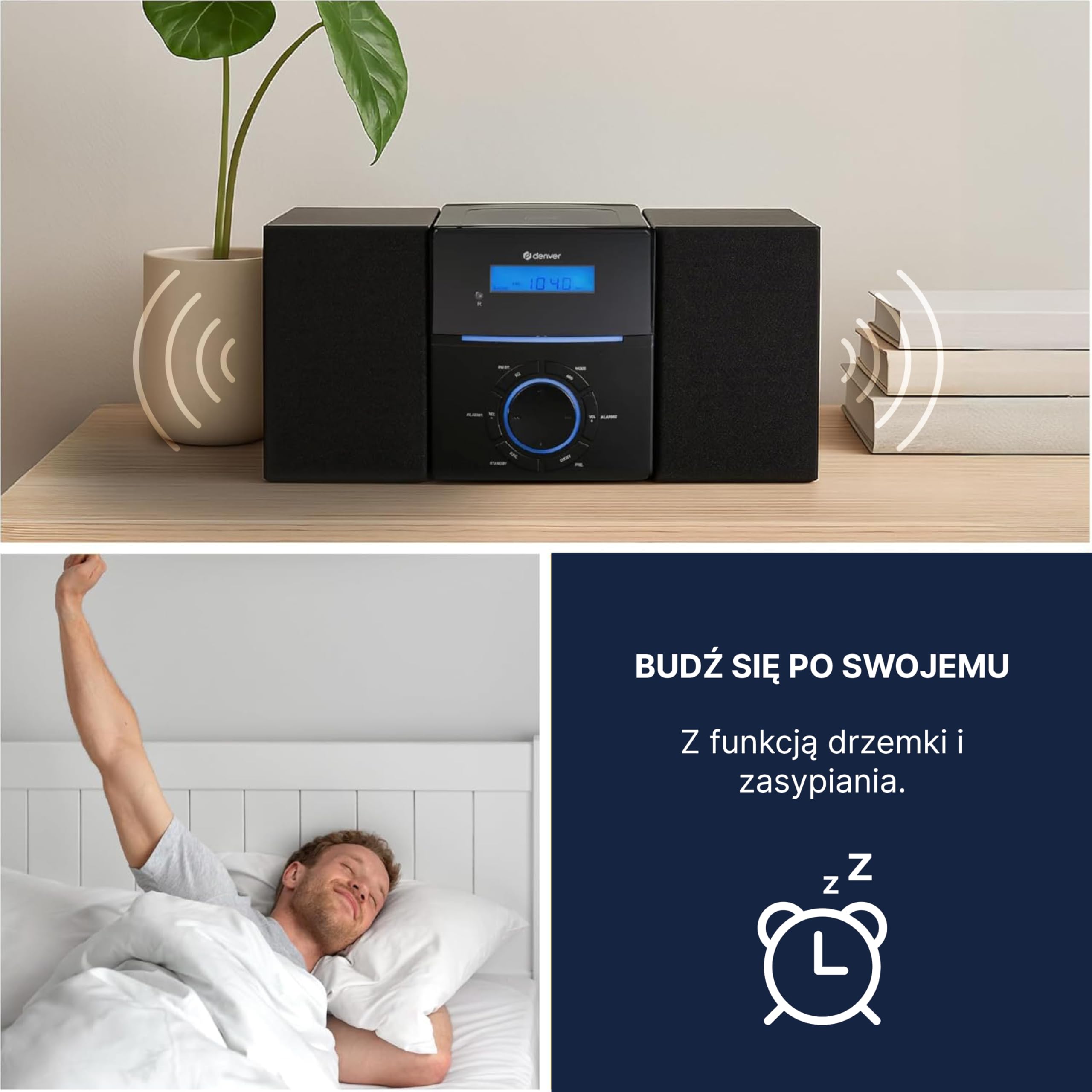 Denver MCA-240 Micro HiFi System – odtwarzacz CD, radio FM, złącze AUX – funkcja podwójnego alarmu i pilot zdalnego sterowania – kompaktowy system stereo z CD | moc 2 x 20 W
