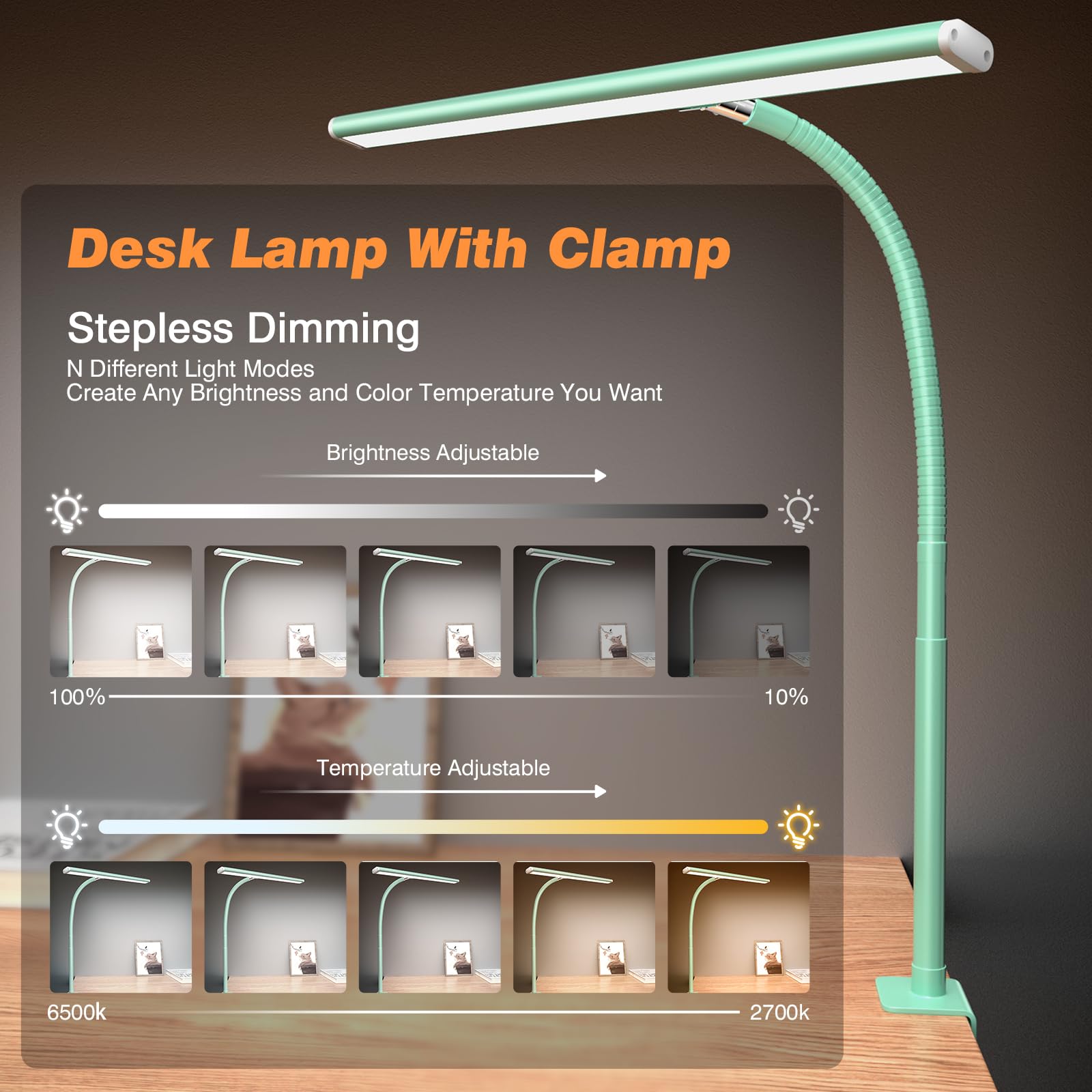 Airlonv LED Desk Lamp with Clamp, 17" Stepless Dimming Light, Mint Green view 2