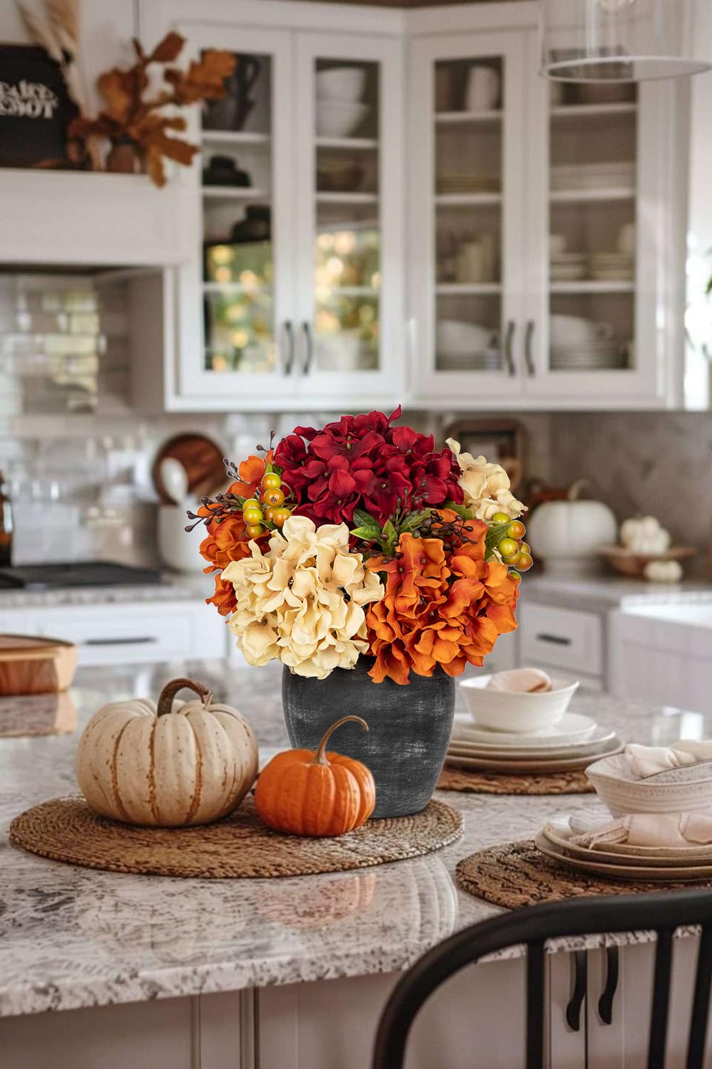 Oairse Decorazione autunnale ortensia artificiale in vaso in ceramica con bacche decorative autunnali, centrotavola per matrimonio autunnale, decorazione per la casa, decorazione del Ringraziamento