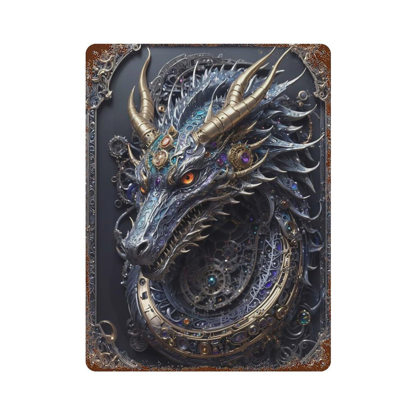 Rusty Metal Tin Sign with Futuristic Dragon Emperor Design 15.7"x11.8", for Farmhouse, Kitchen And Entryway Decor, Classic Wall Plaque