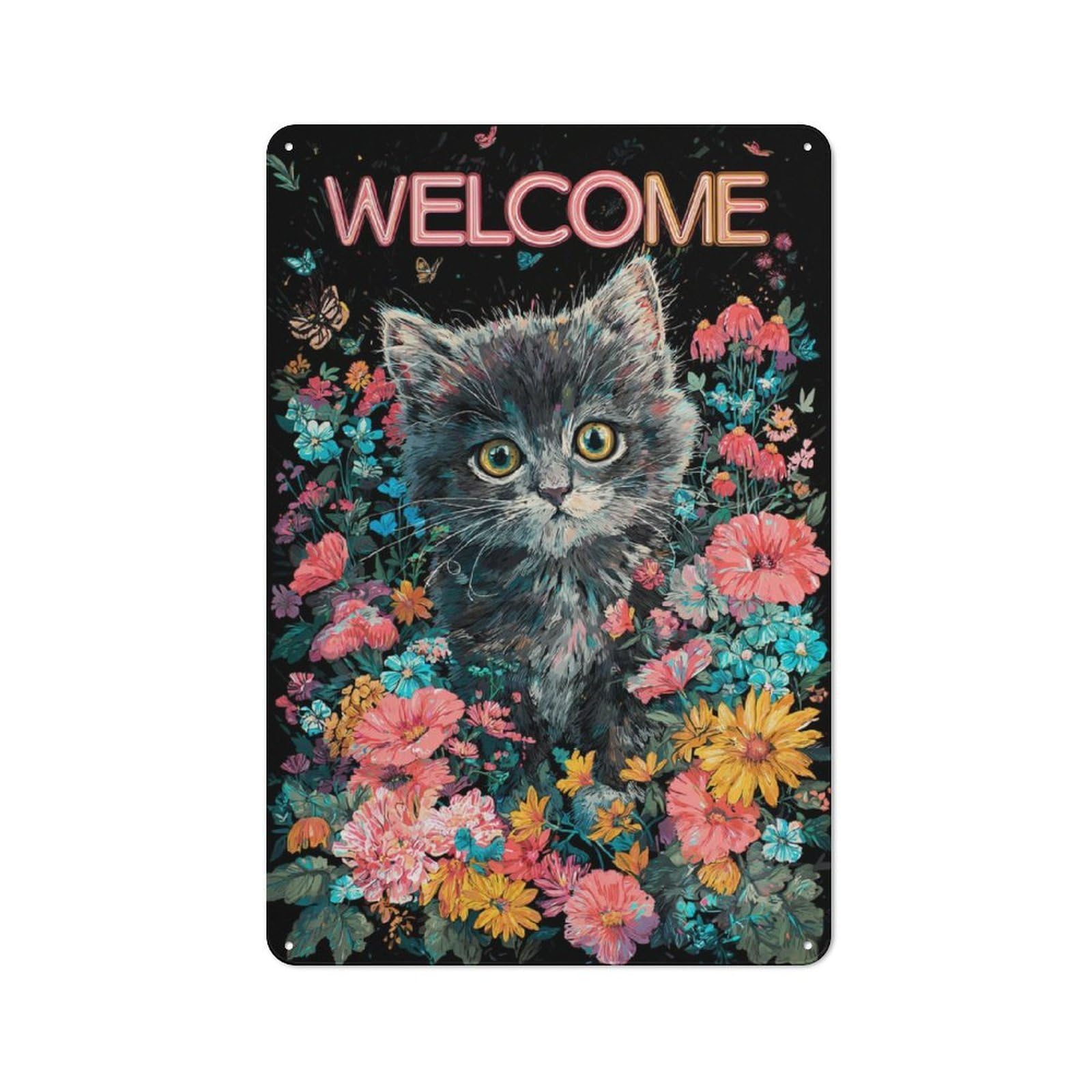 Junmoney Kitty's Floral Welcome Rustic Tin Wall Plaque 30X20cm For Studio Or Craft Room, For Garage, Workshop And Man Cave Decoration