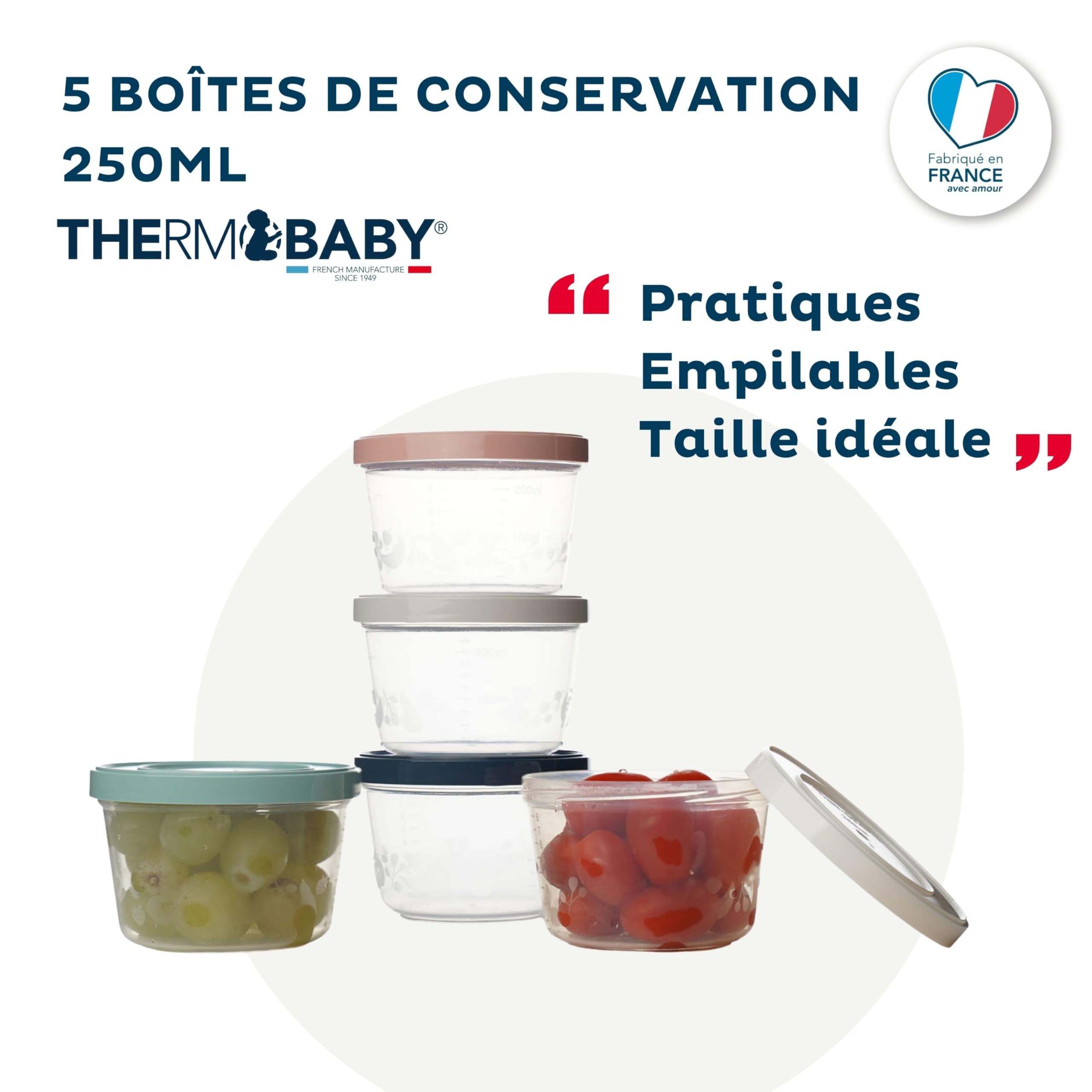 THERMOBABY Set 5 contenitori neonati 250 ml microonde congelatore lavastoviglie impilabili graduazione