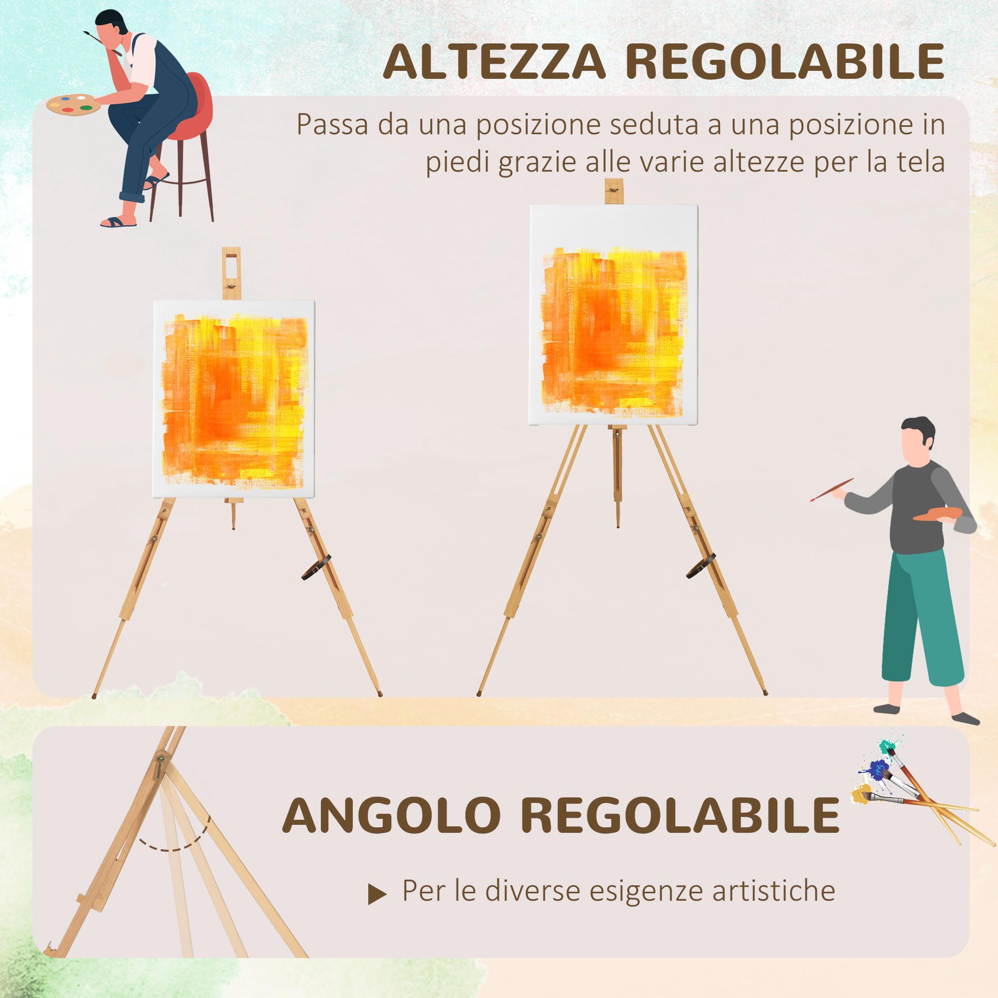 Vinsetto Cavalletto per Pittura Pieghevole in Legno di Faggio, Cavalletto Dipingere con Angolazione e Altezza Regolabile, 93x84x183 cm, Color Legno