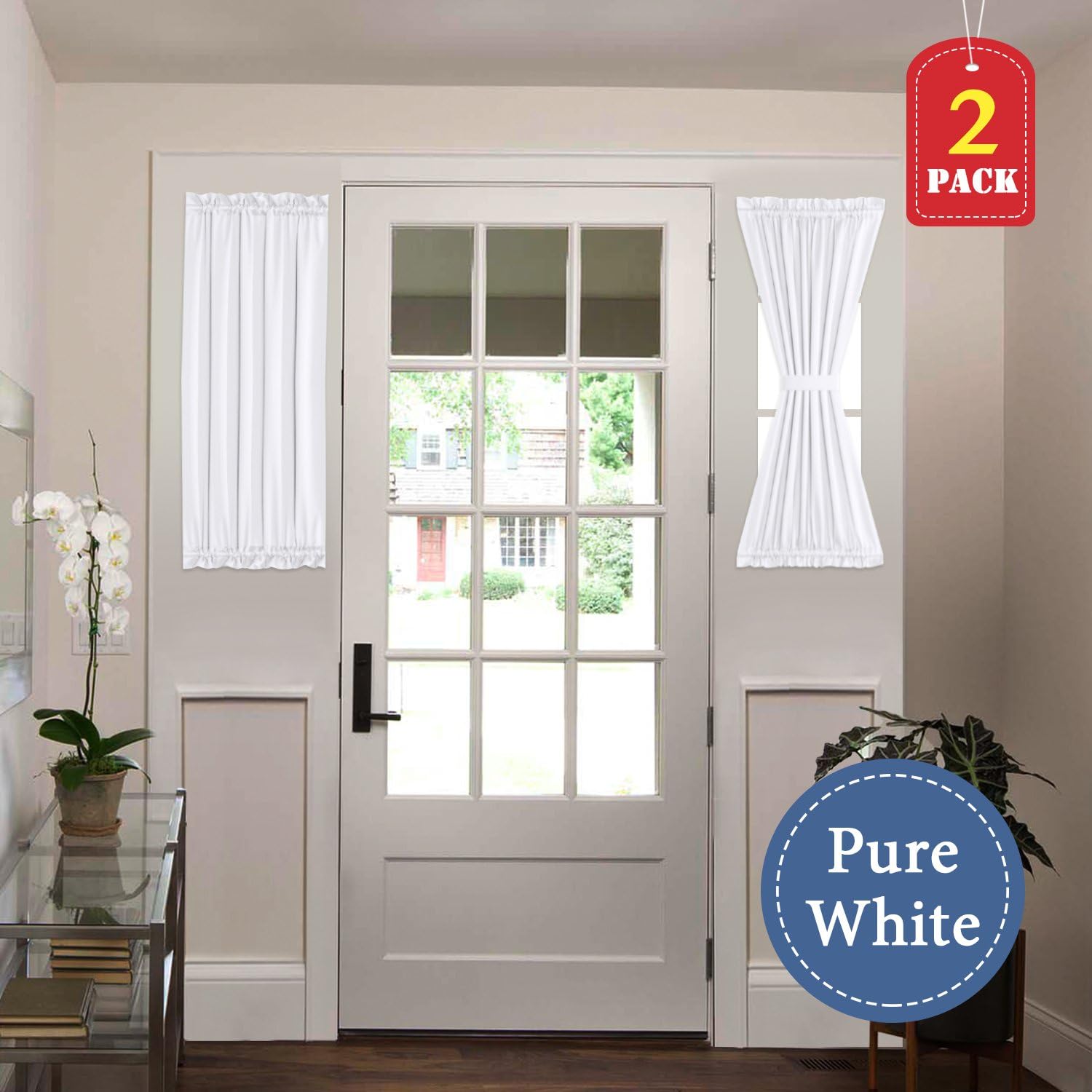 H.VERSAILTEX White Curtains Privacy French Door Panels Light Reducing 25 inch Wide x 40 inch Length with Tie-Backs (2 Panels, Pure White)