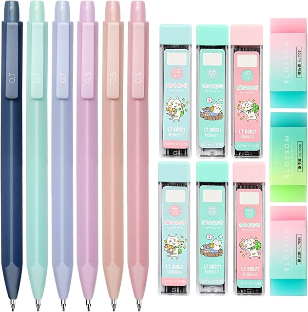 Yeelua 6 Pcs Mechanical Pencil Set, 0.5mm and 0.7mm Colored Propelling Pencil with HB Refills and Rubber Erasers, Cute Mechanical Pencils for Kids Girls Writing