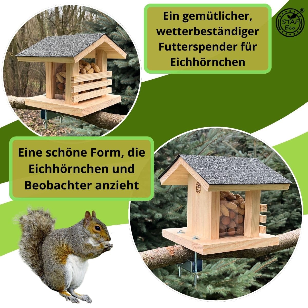 Eichhörnchen Futterhaus aus Holz für Balkon oder Baum wetterfestes Futterhaus für Eichhörnchen mit Haselnüssen und Eicheln stabiles Eichhörnchenhaus für Garten & Terrasse Made in EU (Satteldach)