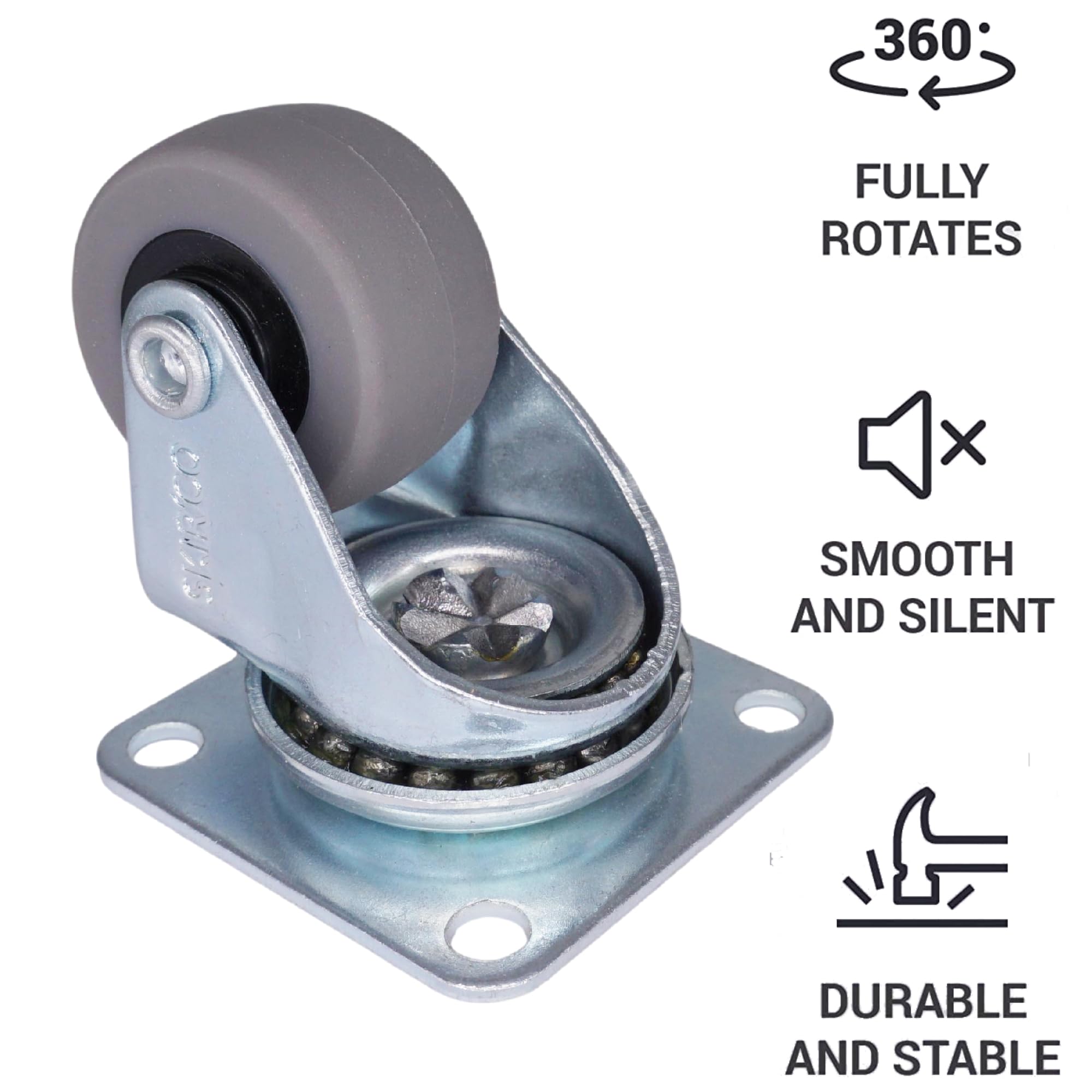 SKIR'CO (20 pezzi) Rotelle per Mobili da 30 mm, Ruote Girevoli, Ruote in Gomma Grigia con Piastra di Montaggio in Metallo, Viti Incluse