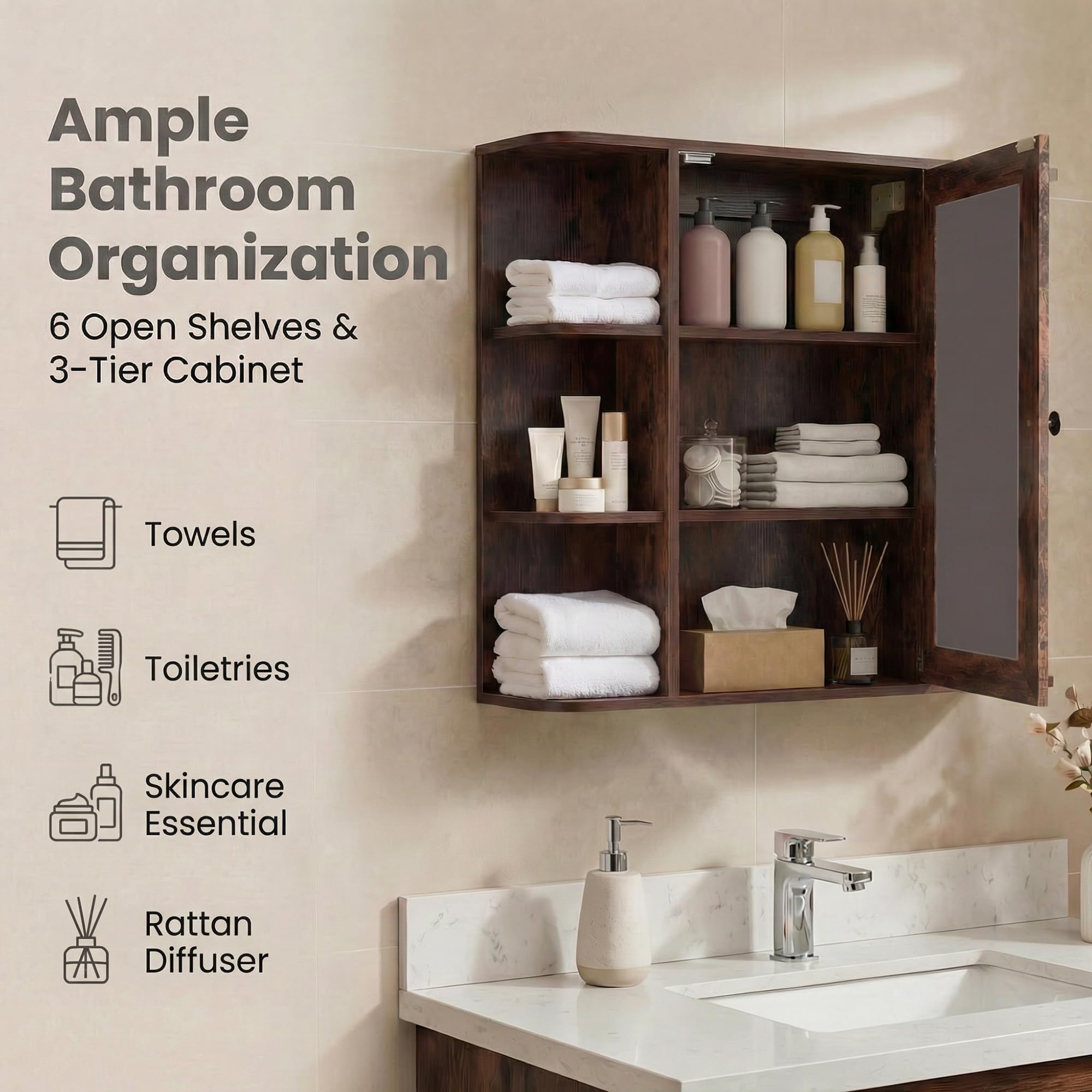 LIFEZEAL Specchio Bagno Contenitore, Mobile Bagno con Specchio con 6 Ripiani Aperti e 3 Chiusi, 1 Anta, Mobiletto Pensile Salvaspazio da Letto, per Soggiorno e Camera, 66 x 16,5 x 63 cm (Marrone)