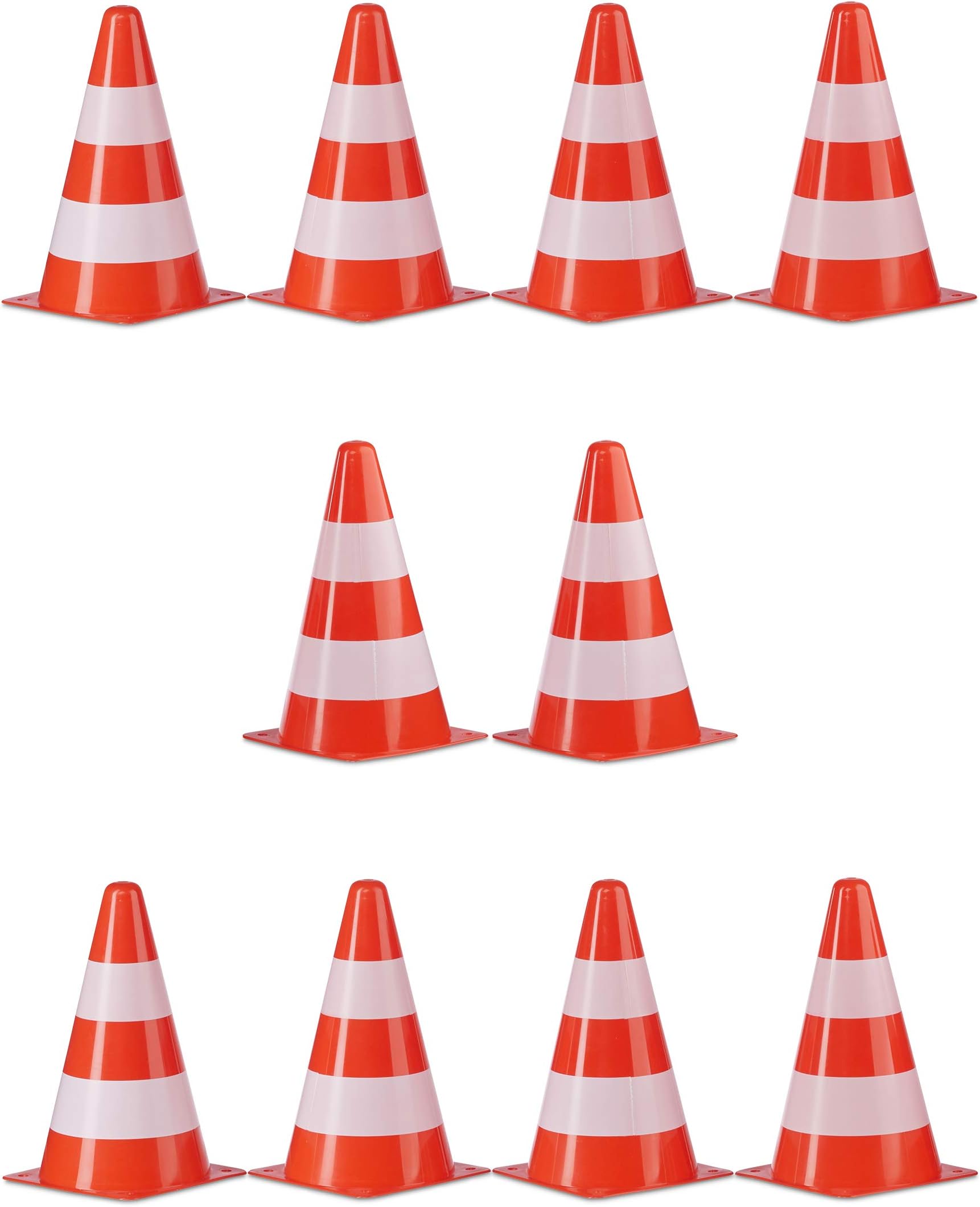 Relaxdays Set of 10 Safety Cones, Stackable, Field & Track Cones, Markers, Pylons, 22 cm, Orange/White