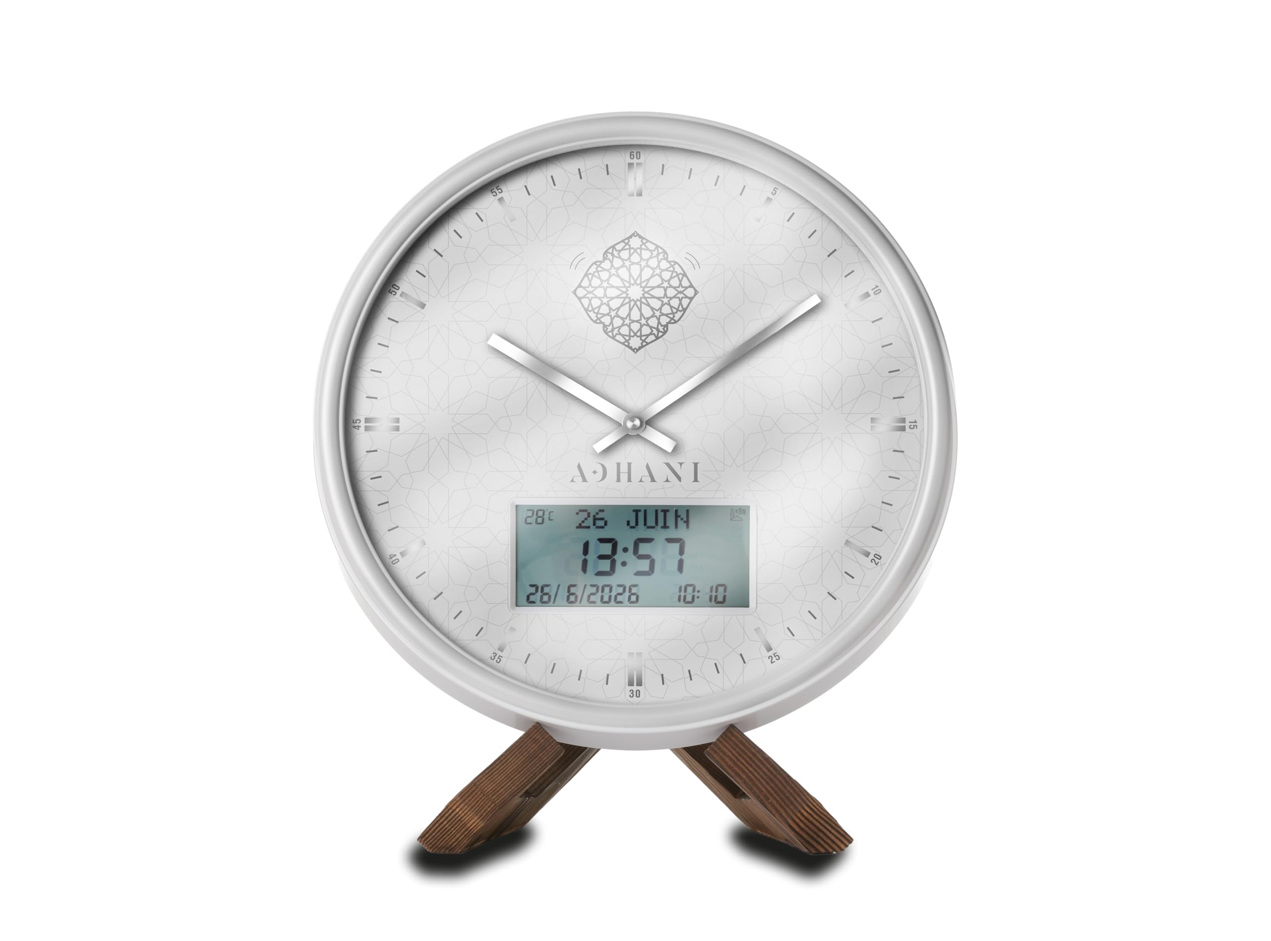 Horloge Adhan Moderne – Appel à la prière Automatique – Chiffres Romains (Noir) (Blanc argenté)