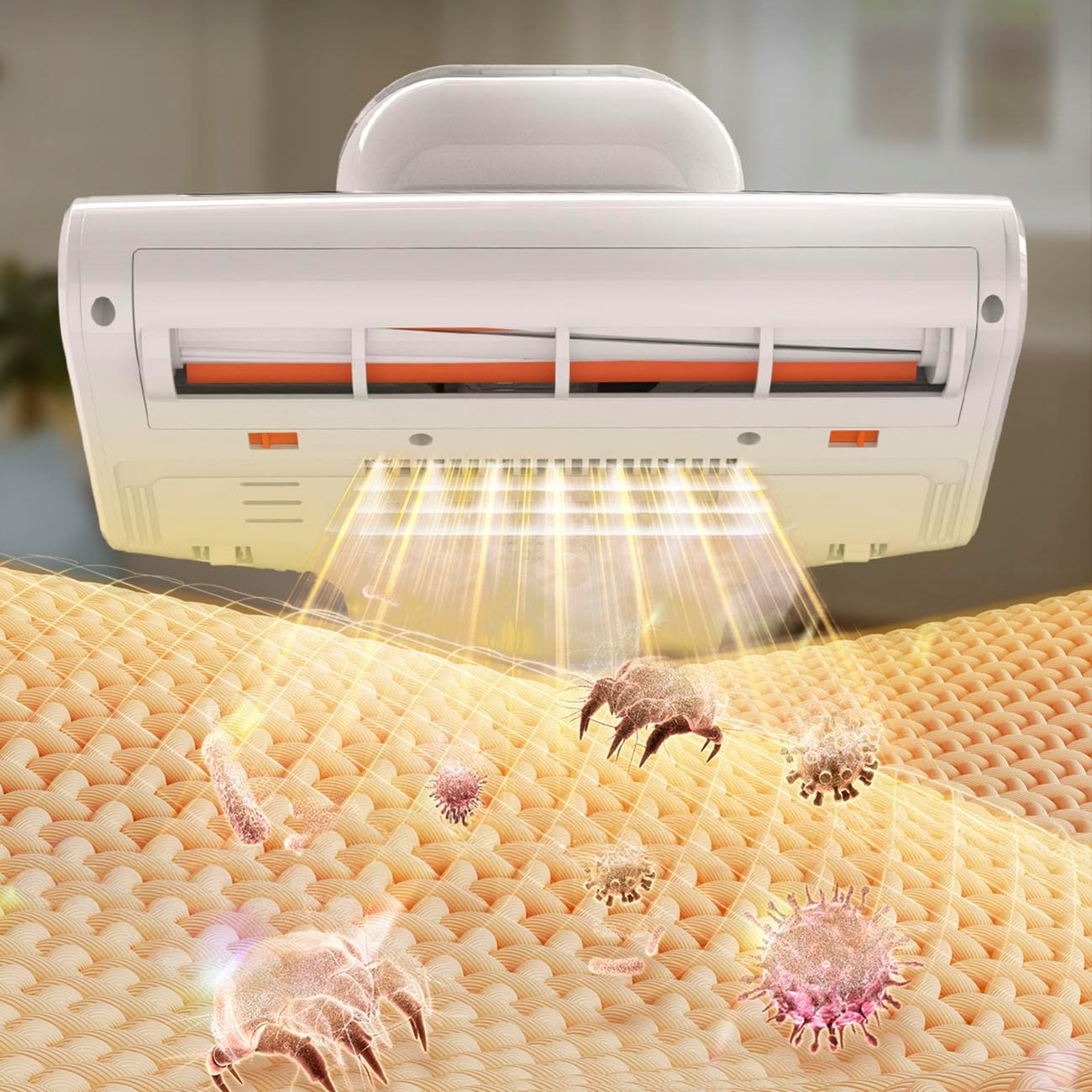 Diagram showing UV light sterilizing a surface, eliminating bacteria and mites.