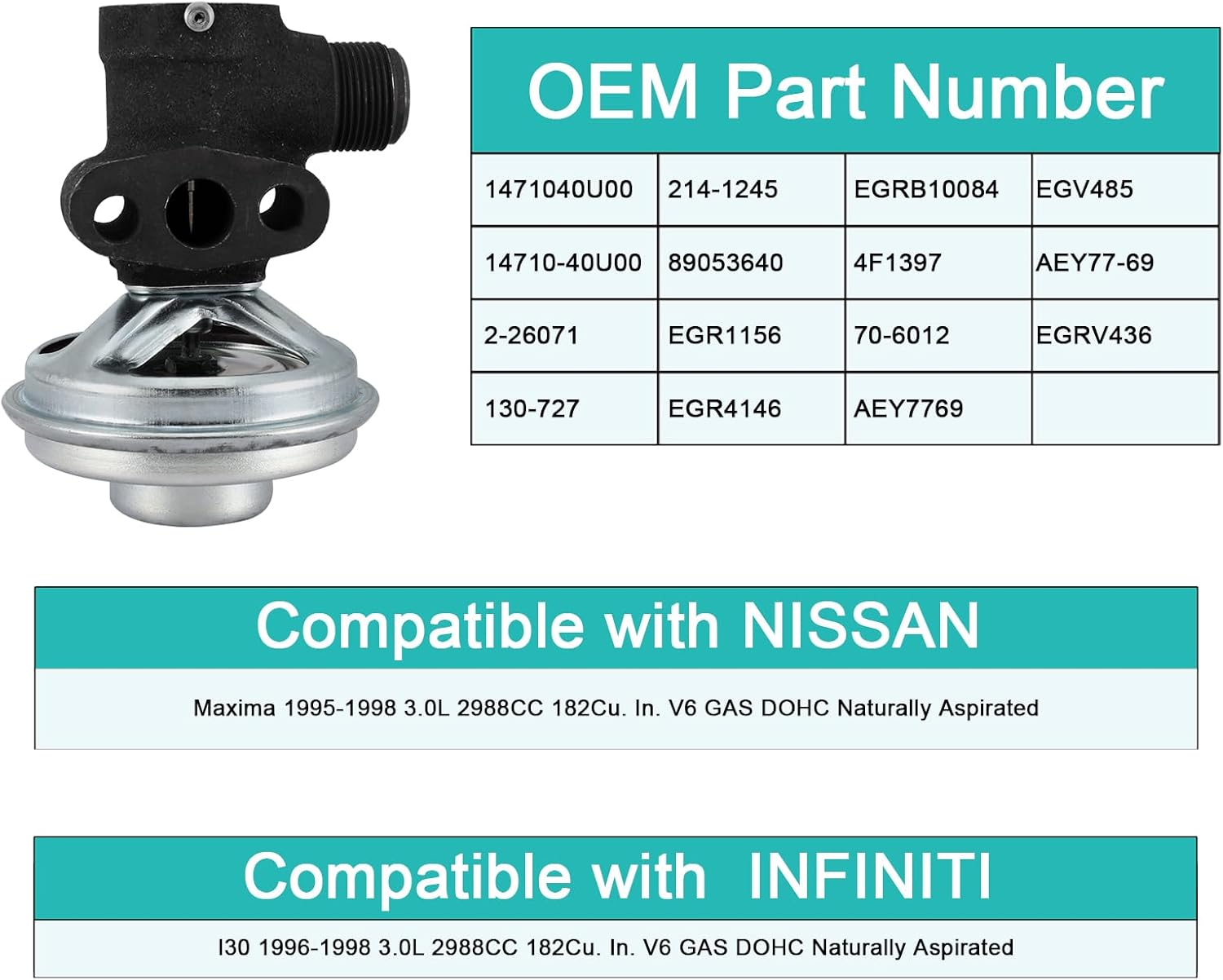1471040U00 EGRV436 EGR Exhaust Gas Recirculation Valve (3.0L V6 Only) For Nissan Maxima 1995 1996 1997 1998, Infiniti I30 1996 1997 1998