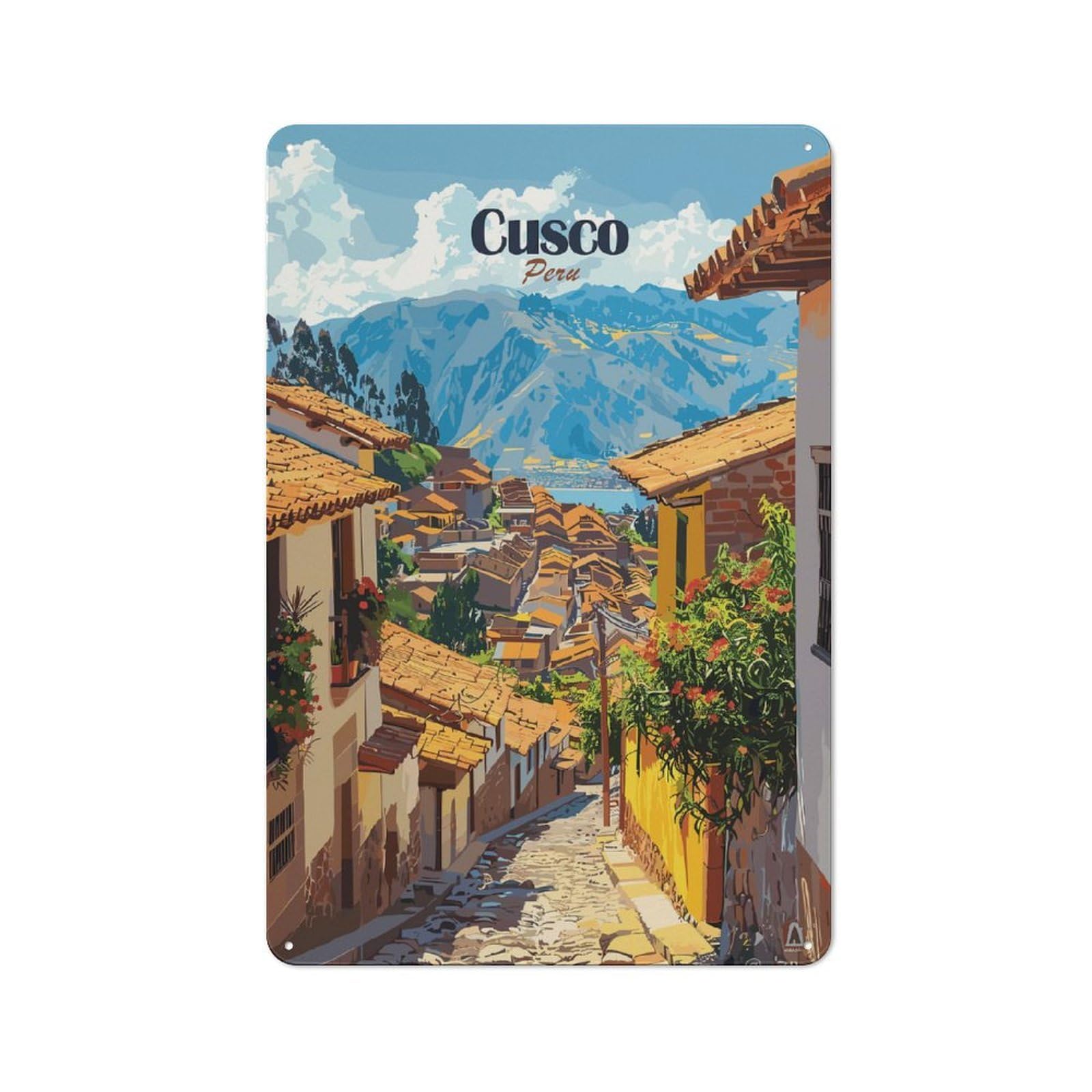 Classic Vintage Metal Sign 30x20cm Featuring Cusco, Peru Cityscape, Classic Pub Decor for Bar, Kitchen, Garage Or Games Room
