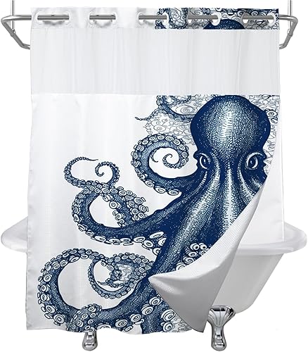 Vista 16 de Juego de cortinas de ducha náuticas de tela, diseño de pulpo, monstruo, velero, decoración de baño con ganchos, impermeable, lavable, 72 x 72