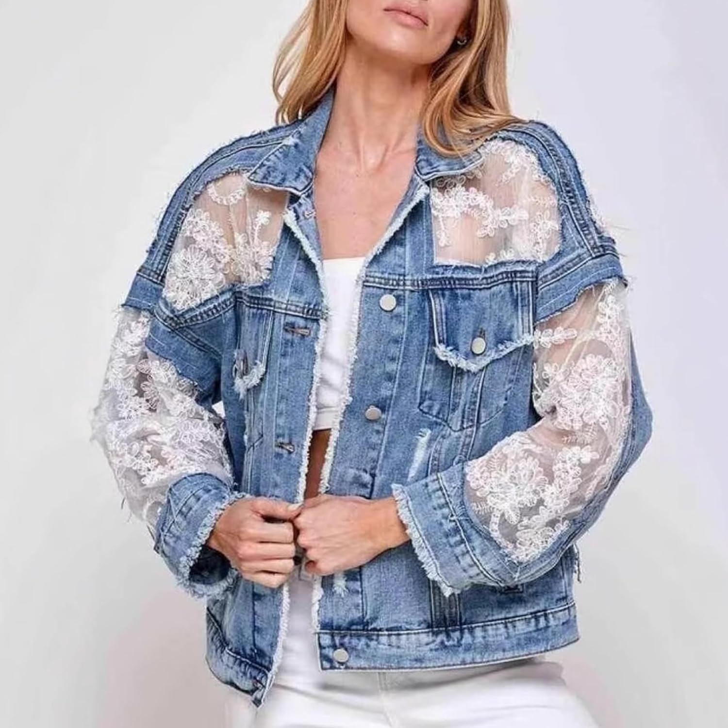 Perbai Women's Floral Lace Patchwork Cropped Denim Jacket Button Down Oversized Jean Trucker Coat