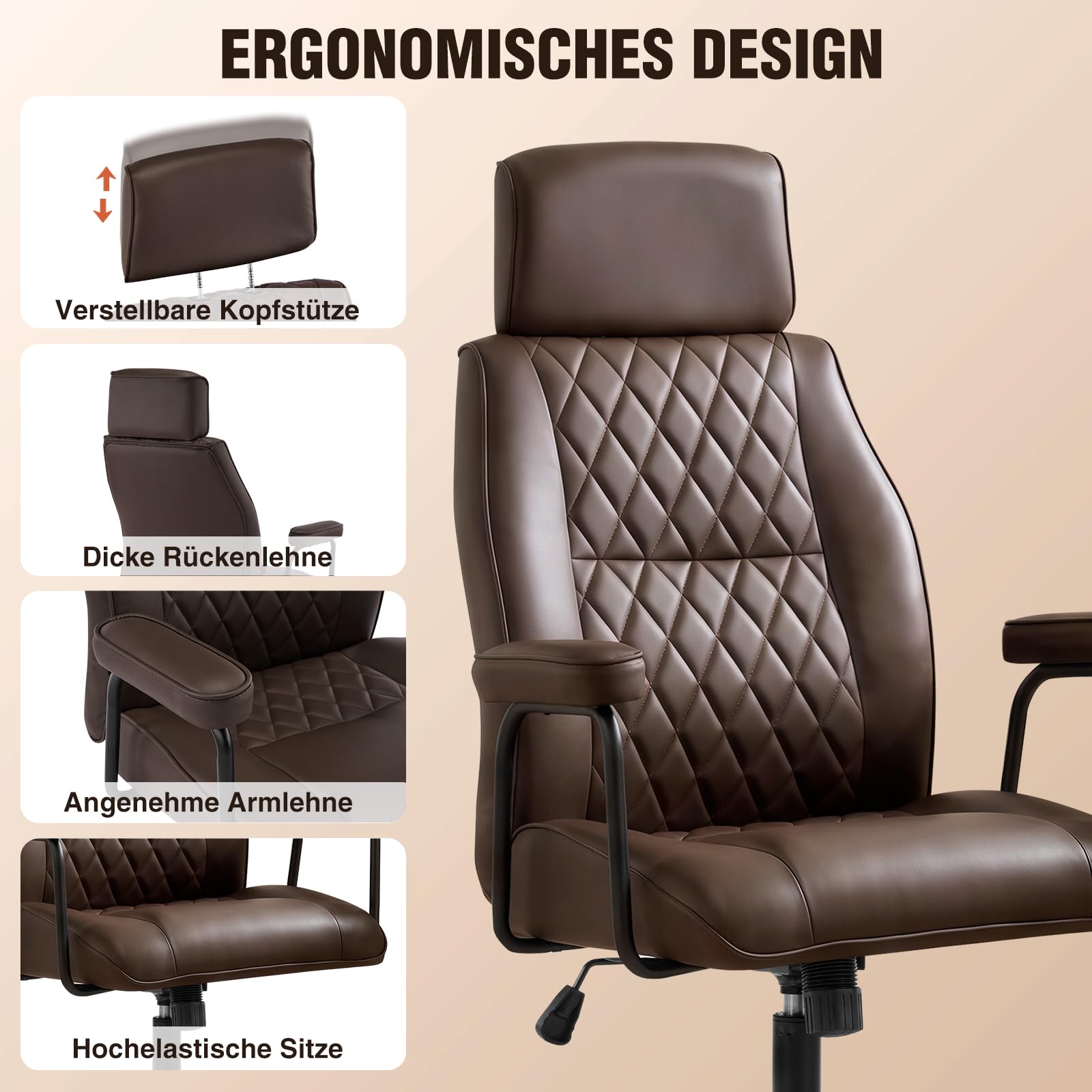 Bürostuhl Ergonomisch, Schreibtischstuhl mit Verstellbarer Kopfstütze, PU Leder Chefsessel mit Gepolsterter Armlehnen und Höhenverstellbar, Neigefunktion, Drehstuhl, Dunkelbraun