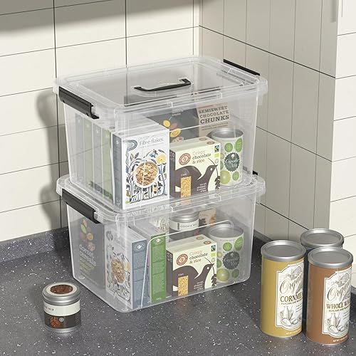 Miniatura 5 de Paquete de 4 cubos de almacenamiento de plástico de 10.5 cuartos de galón, caja con tapa con mango negro, transparente