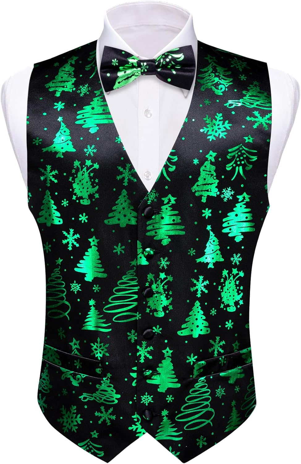 Barry.Wang Mens Christmas Vest Red Green Xmas Tree Snowman Snowflake Festival Suit Waistcoat Bow Tie Set Holiday