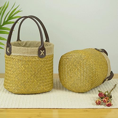 Miniatura 9 de JUOPZKENN Cestas tejidas, cesta de mimbre para plantas con asa, cesta de almacenamiento tejida de algas marinas, cestas de lavandería para ropa,