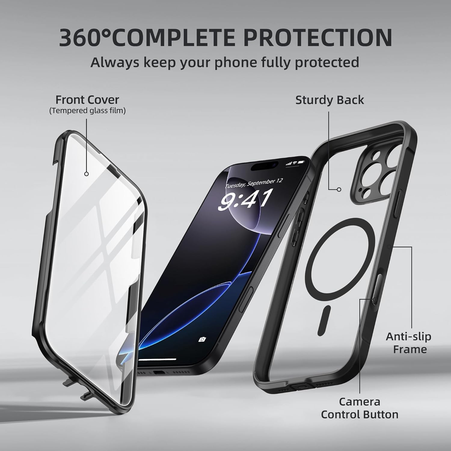 BERFY for iPhone 16 Pro Max Case, Compatible with MagSafe, Built-in 9H Tempered Glass Screen Protector and Camera Protection, Full Body Shockproof Clear Phone case for 16 Pro Max 6.9", Black