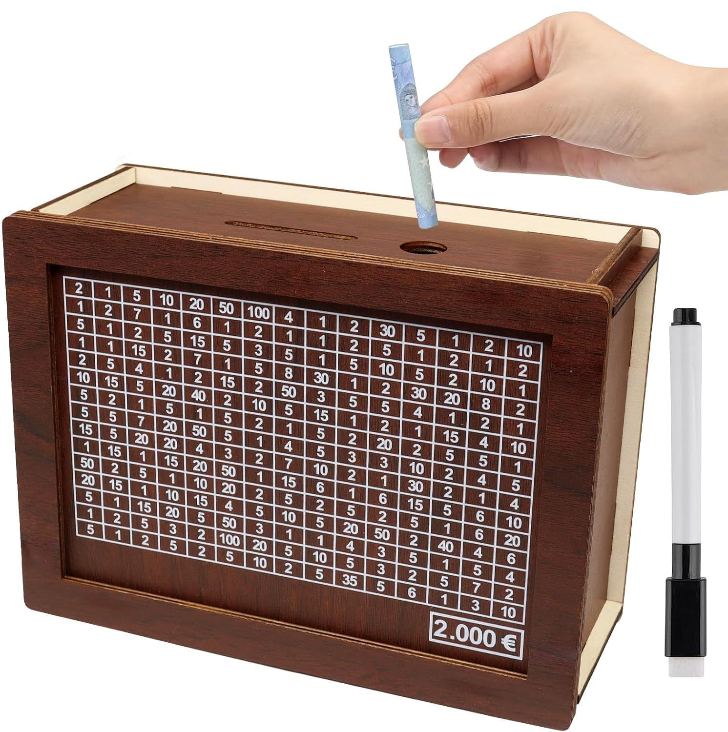 JOKILY Banco De Dinero De Madera para Niños, Hucha Reutilizable con Objetivo De Ahorro Y Números, Caja De Almacenamiento para Ayudar A Los Niños A Ahorrar (2000 €)