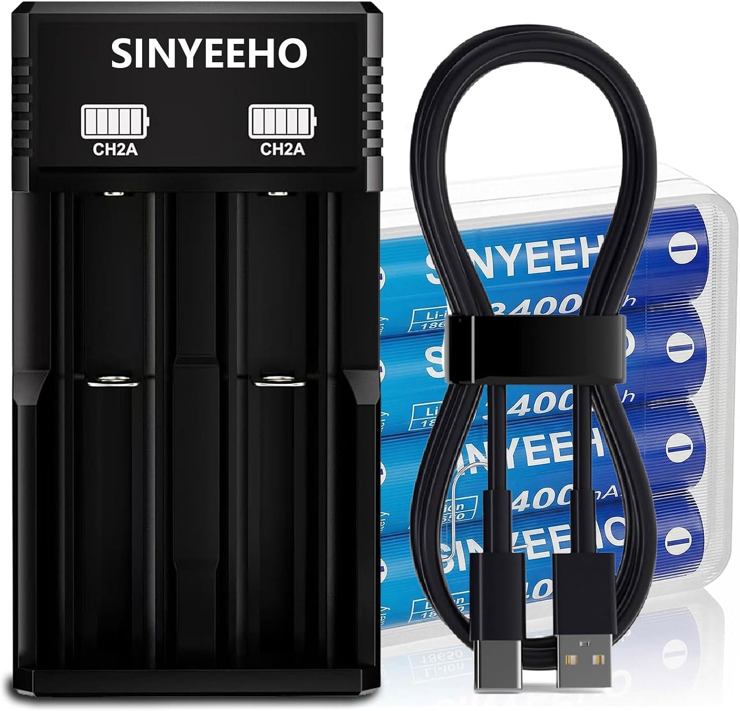 2-Slot 18650 Battery Charger Set 4pcs 3300mAh Flat Top | Universal 3.7V Li-ion Batteries Charger for 18650 26650 18500 14500(No Suitable for nimh & 1.5V Batteries)