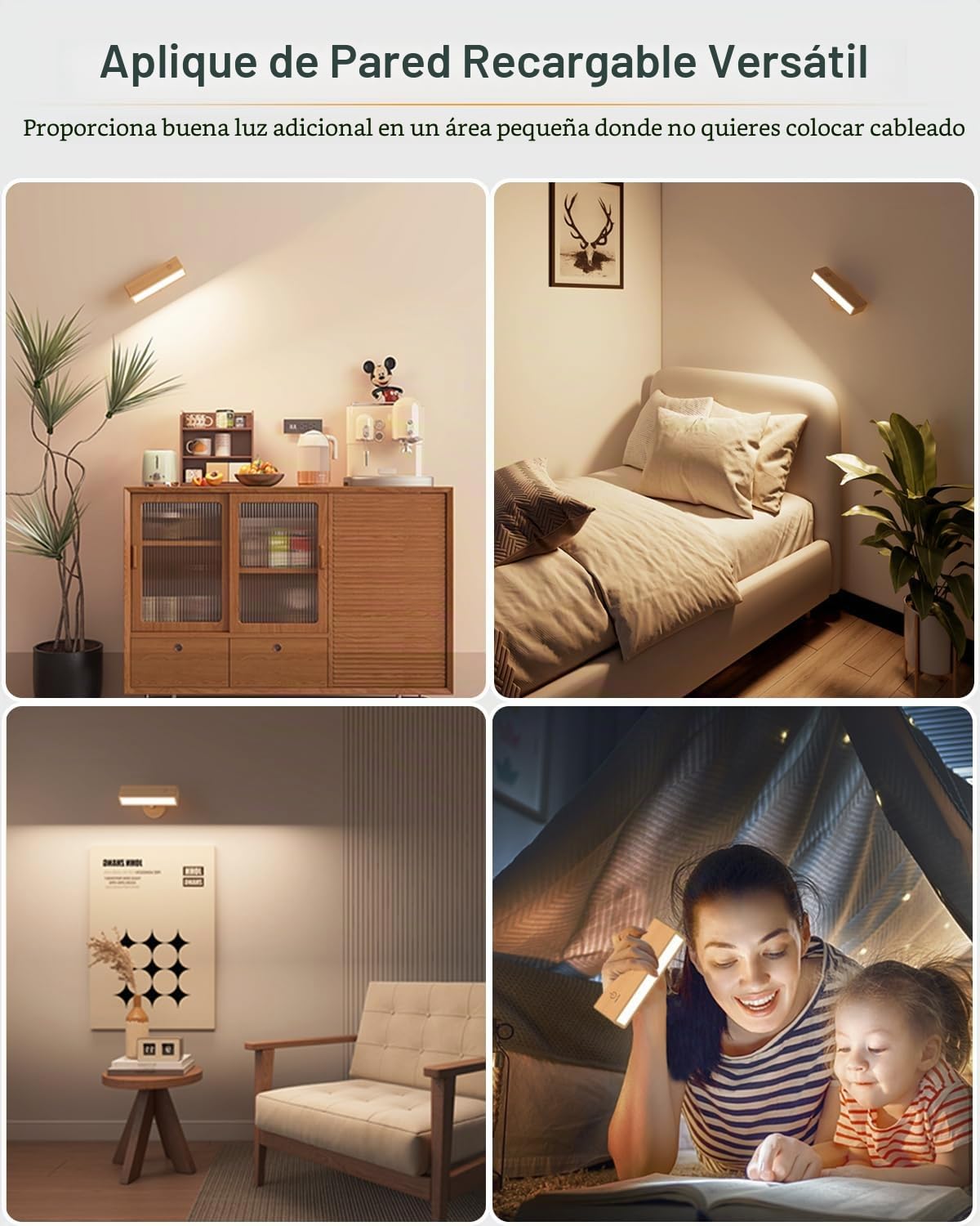 DetarZinLED Lámpara de Pared con Batería de Carga USB, Lampara Mesita Noche Recargable, Apliques de Interior Adhesivos para Dormitorio sin cable (Madera de haya, 2 Pcs)