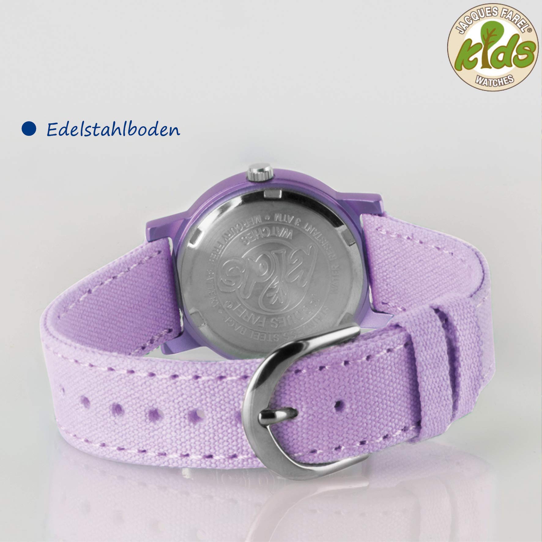 Jacques FAREL Öko-Kinderuhr Mädchen Armbanduhr mit Textilband aus Bio-Baumwolle Analog Quarz Lila Flieder Pferd ORG 8820