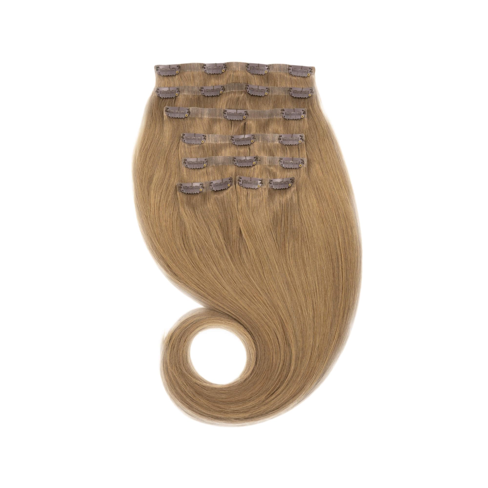 GLOBAL EXTEND® Clip-in-Extensions nahtlos I 100% Echthaar I Angenehmes Tragen | Einfaches Befestigen I Dichte und Volumen I Große Farbauswahl I Komplettes Set (40 cm, goldbraun)