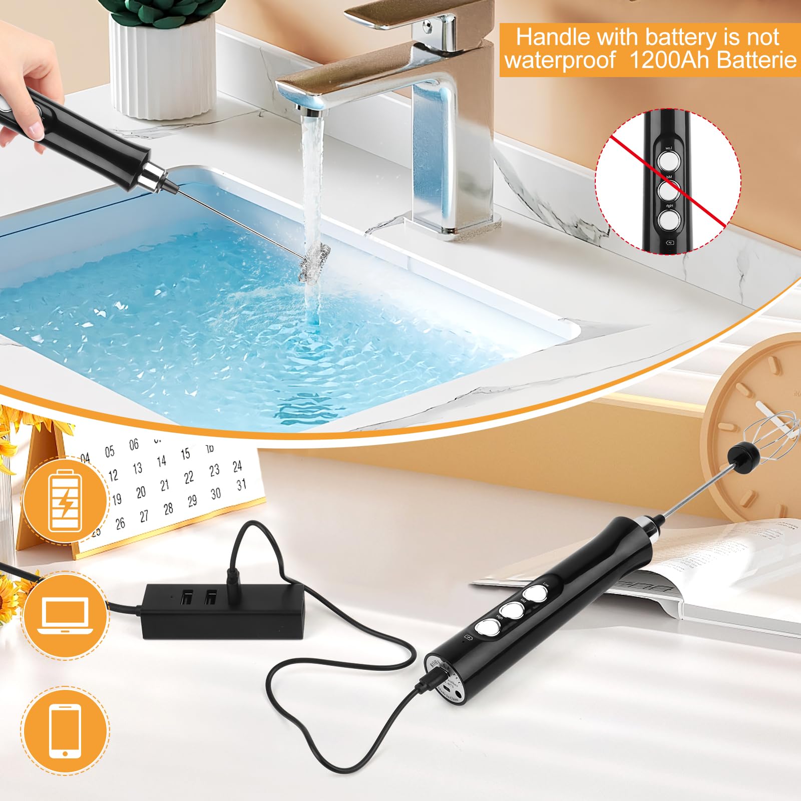 NVIYAM Frullino Montalatte, Schiumatore Latte Elettrico, USB Ricaricabile Montalatte Elettrico con 3 Frullino in Acciaio Inox, 3 Velocità Regolabili, per Cappuccino, Latte, Matcha, Caffè, Cioccolata