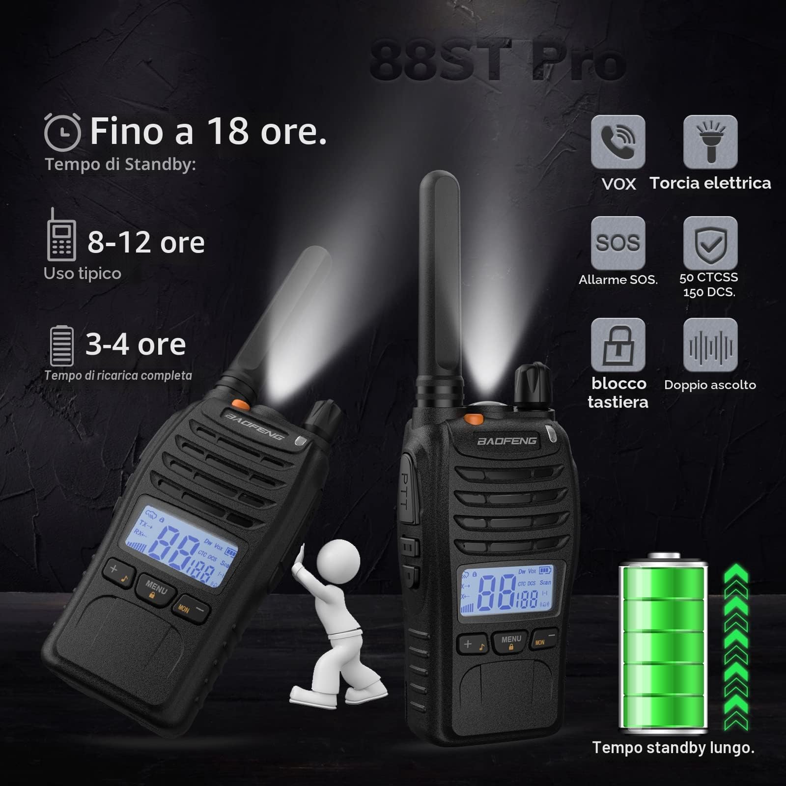 BAOFENG BF-88ST Pro PMR446 Walkie Talkie, Radio Bidirezionali Ricaricabili Senza Licenza a Lungo Raggio Aggiornate con Display LCD, Doppio Orologio VOX, Auricolari, Confezione da 2