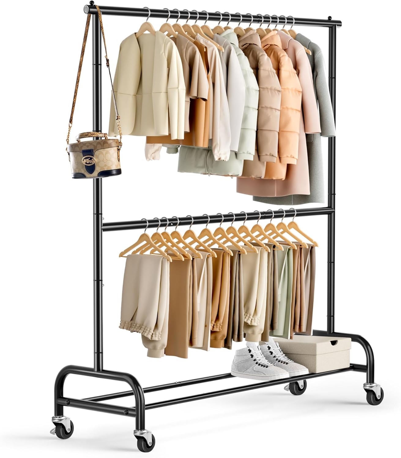 MISSLO Heavy Duty Clothing Racks for Hanging Clothes Rack Double Rod Garment Rack Rolling Closet Wardrobe Rack on Wheels, Metal, Adjustable, Black MISSLO Heavy Duty Clothing Racks for Hanging Clothes Rack Double Rod Garment Rack Rolling Closet Wardrobe Rack on Wheels, Metal, Adjustable, Black